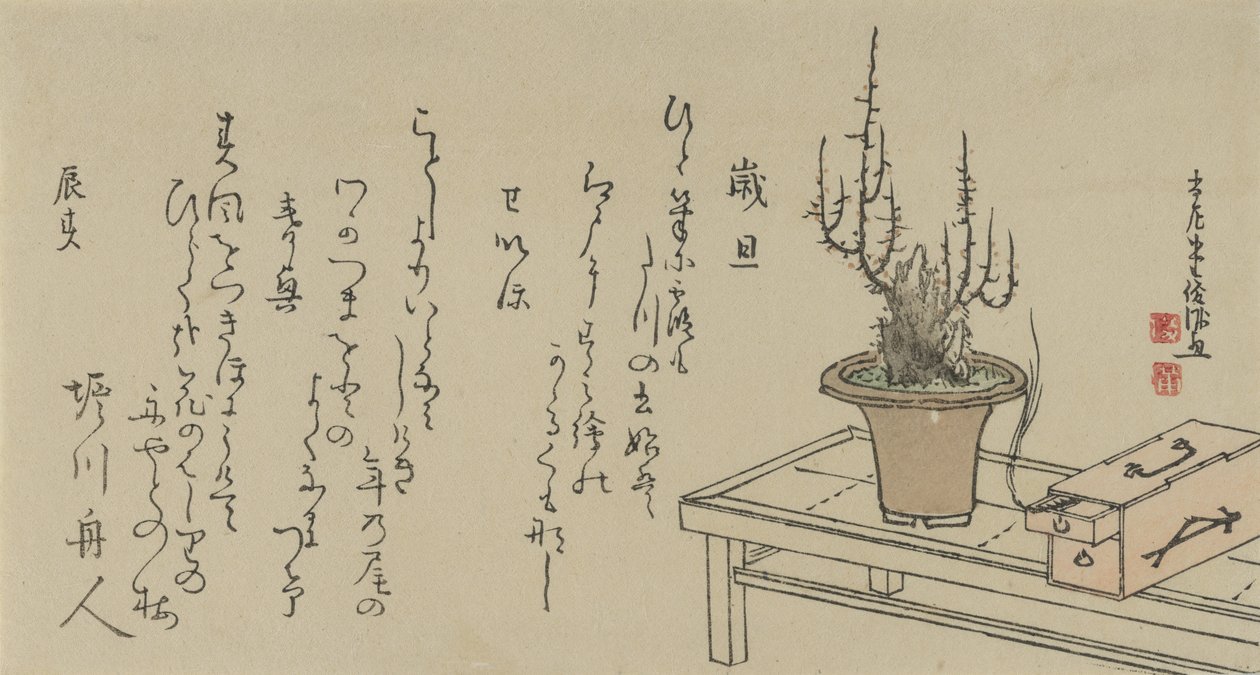 Bonsai-luumupuu penkillä ja laatikolla, 1796. tekijältä Kubo Shunman