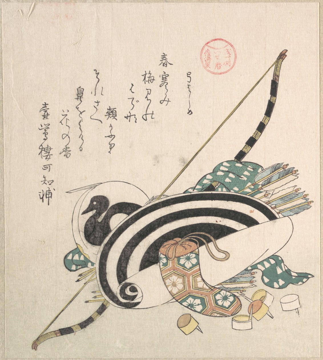 "Jousi, nuolet, maalitaulu ja muita jousiammuntavarusteita", sarjasta "Ise-kalenterit Asakusa-ryhmälle" (Asakusa-gawa Ise goyomi). Kokoelmasta "Kevätsade" (Harusame shū), osa 2 tekijältä Kubo Shunman