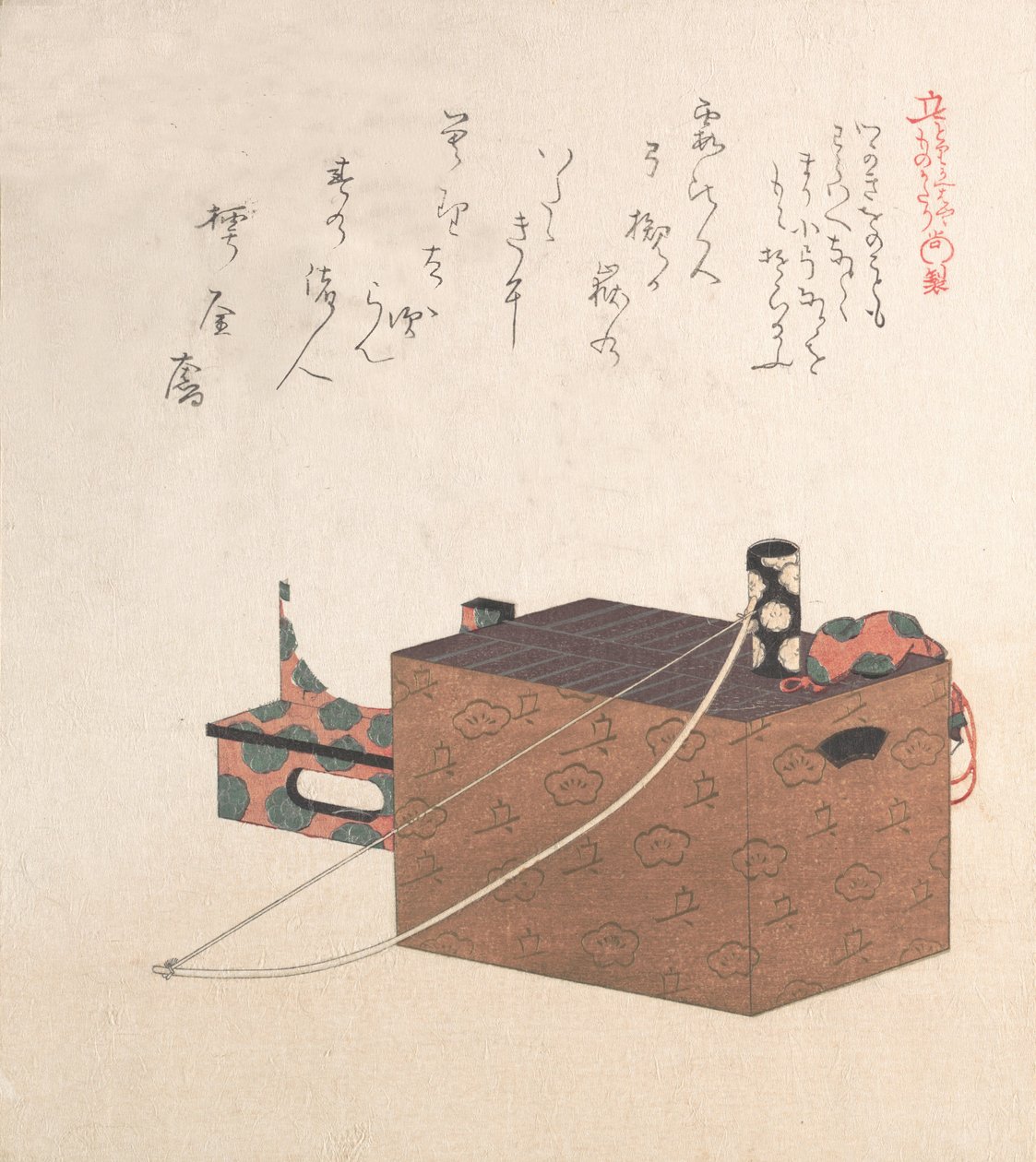 Box for Sugoroku Game Eräänlainen backgammon, jousi ja rumpu, 1800-luku. tekijältä Kubo Shunman