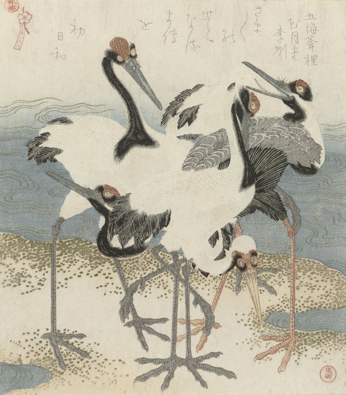 Nosturit veden äärellä, n.1816 (värillinen puupiirros) tekijältä Kubo Shunman