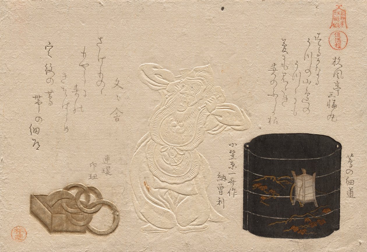 Kolme antiikkia, sarjasta Esteemed Objects: Leather; Inro?; Netsuke (Meibutsu: Kawa; do? inro?; do? netsuke) tekijältä Kubo Shunman
