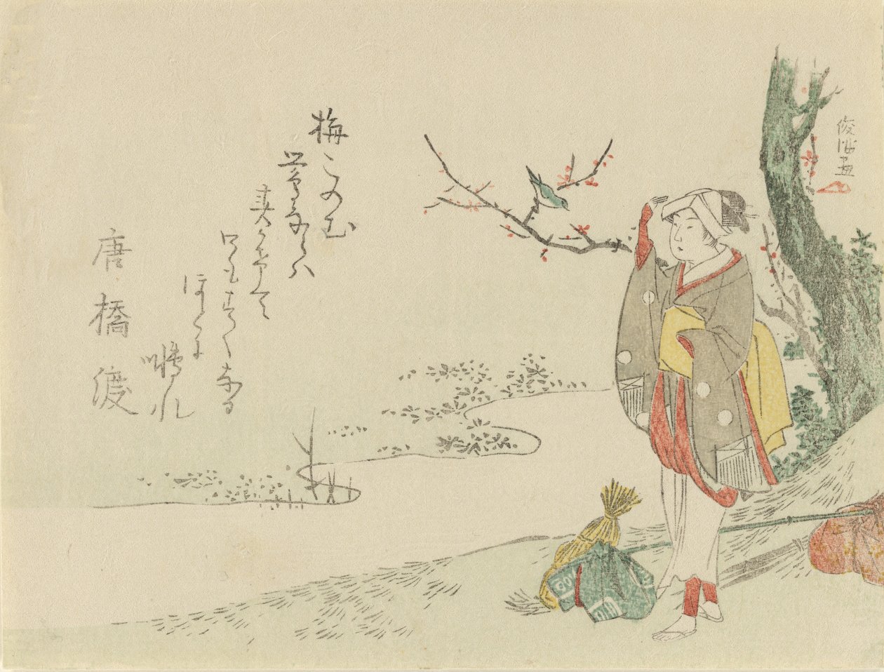 Matkustava nainen pysähtyy kuuntelemaan särmää, 1797. tekijältä Kubo Shunman