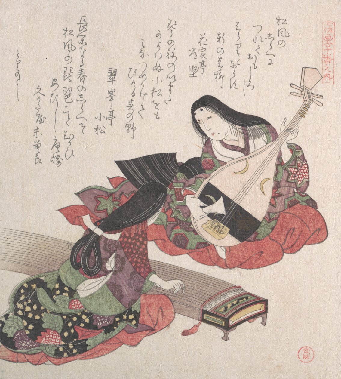 Kaksi naista, toinen soittaa Biwa japanilaista luuttua ja toinen, Koto..., luultavasti vuodelta 1815. tekijältä Kubo Shunman