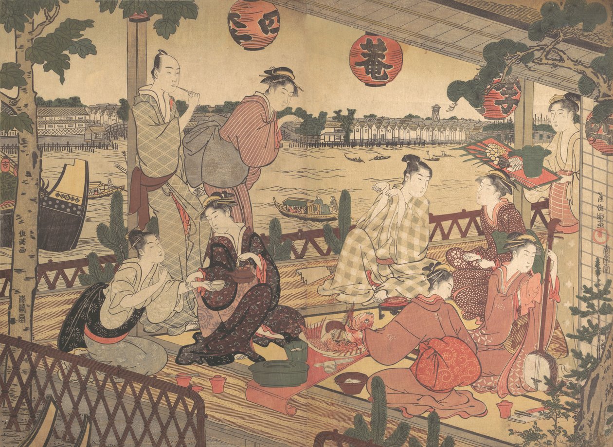 Kaksi nuorta miestä ja useita naisia syömässä teehuoneessa Sumida-joen rannalla, n. 1788. tekijältä Kubo Shunman