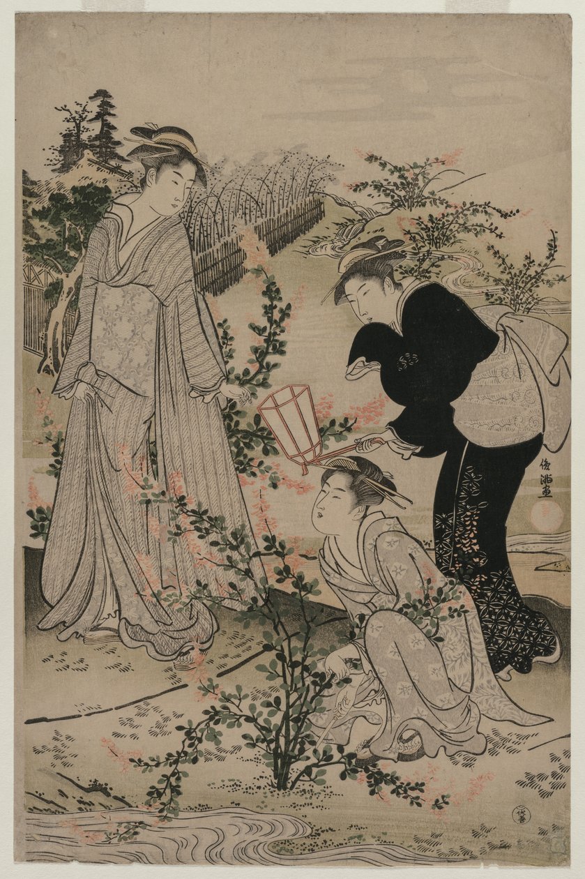 Naiset leikkaavat pensasapilan oksia Noji Tama -joesta Omin maakunnassa..., 1780-luvun lopulla. tekijältä Kubo Shunman