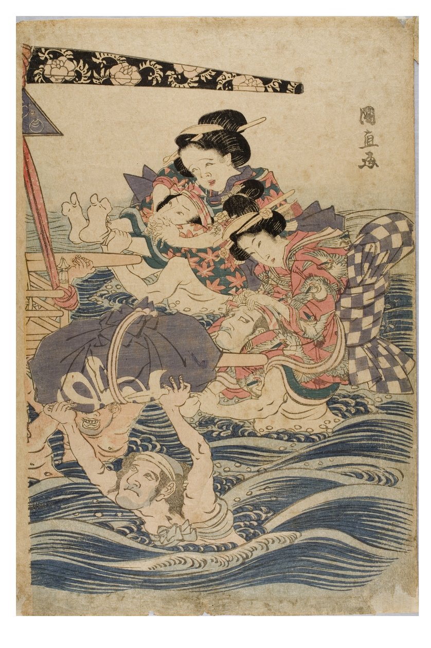 Kevätkohtaus nuorista naisista matkalla, n. 1786-1864 (puupainatus paperille) tekijältä Kuninaga Utagawa