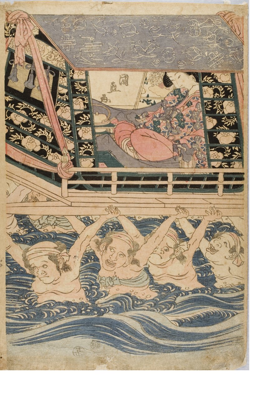 Kevätkohtaus nuorista naisista matkalla, n. 1786-1864 (puupainatus paperille) tekijältä Kuninaga Utagawa
