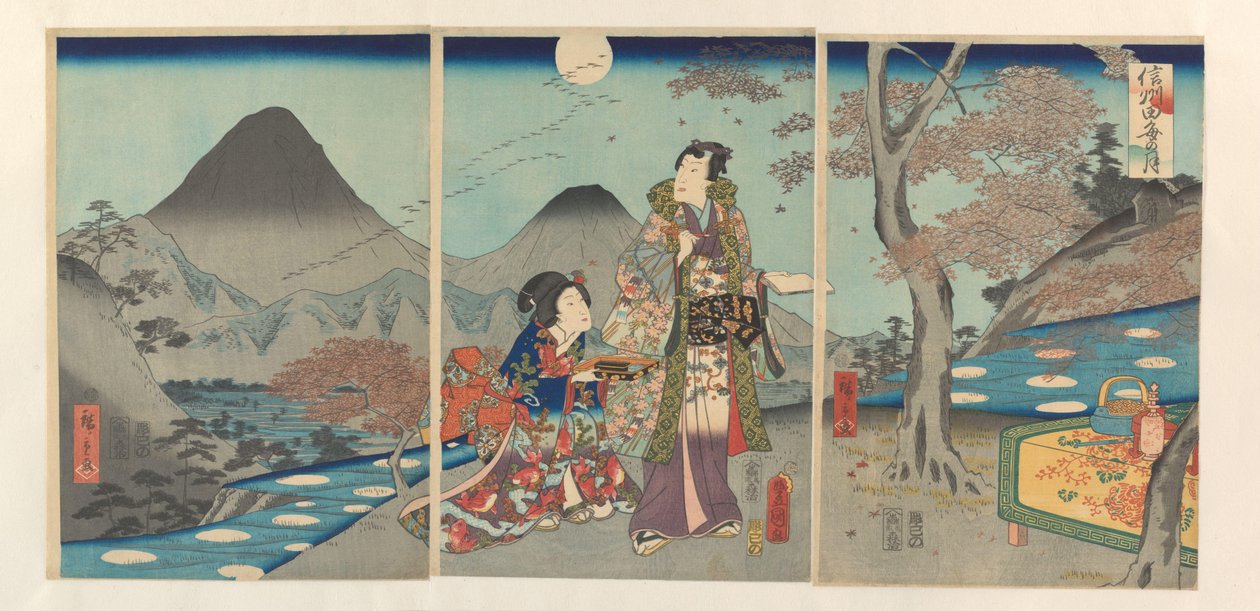 Kuu heijastui Shinanon riisipelloilla Shinshû tagoto no tsuki (otsikko esineessä) tekijältä Kunisada (II) , Utagawa