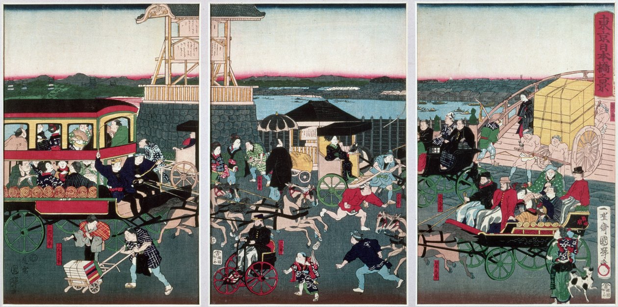 Näkymä Nihonbashista Tokiossa, n. 1870 (värillinen puupalikka) tekijältä Kuniteru II Utagawa