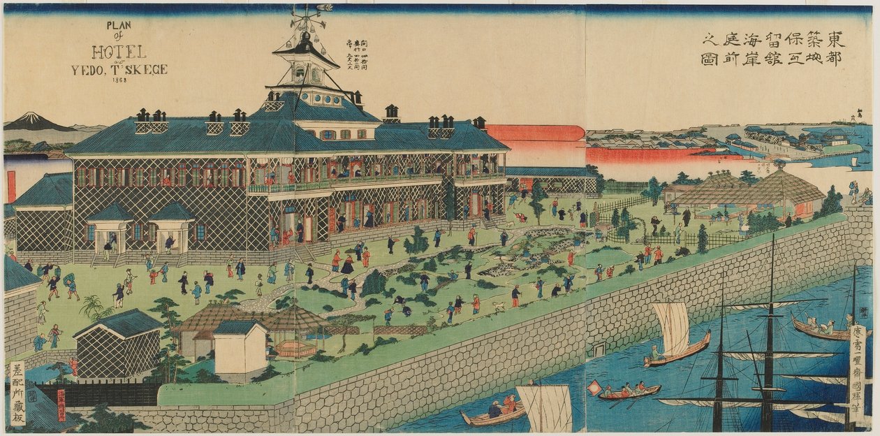 Tsukiji-hotellin merenrantapuutarha itäpääkaupungissa, Meijin aikakaudella, 1868 (värillinen puupainatus) tekijältä Kuniteru II Utagawa