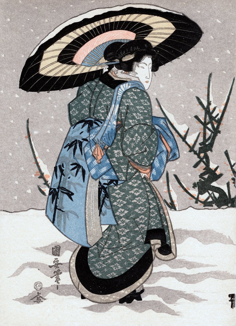 "Girl in Snow Storm", 1800-luku tekijältä Kuniyasu
