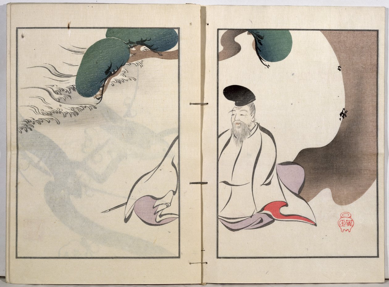 Vanha mies mietiskelemässä, Kobyashi Bunscichin vuonna 1901 julkaisemasta taiteilijan teoskokoelmasta (värillinen puupiirros). tekijältä Kurokawa Yasusada Kigyoku