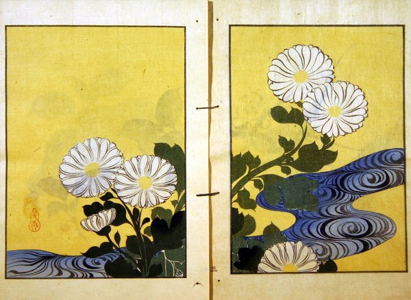 Kukkia puron vieressä, Kobayashi Bunshin vuonna 1901 julkaisemasta Kigyokun teoksen painoksesta (värilitho) tekijältä Kurokawa Yasusada Kigyoku