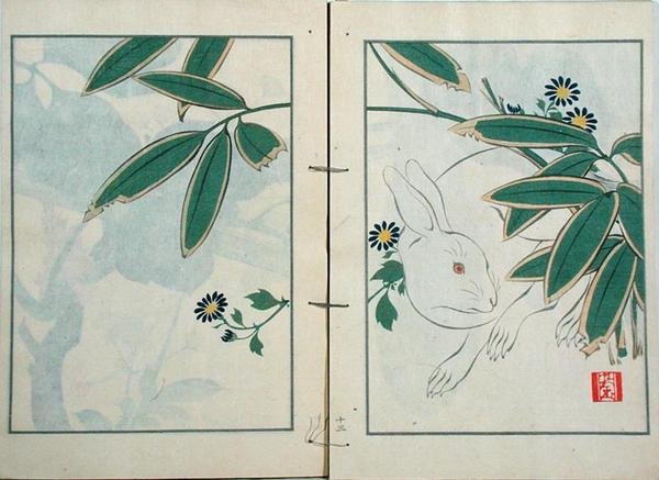 Jänis, Kobyashi Bunscichin vuonna 1901 julkaisemasta taiteilijan teoskokoelmasta (värillinen puupiirros). tekijältä Kurokawa Yasusada Kigyoku