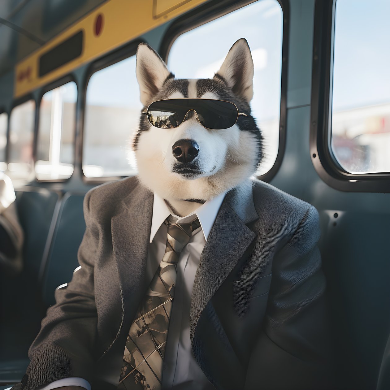 Siperianhusky-koira puvussa ja aurinkolaseissa linja-autoasemalla, kuin herrasmies 2 tekijältä Kurt Heppke