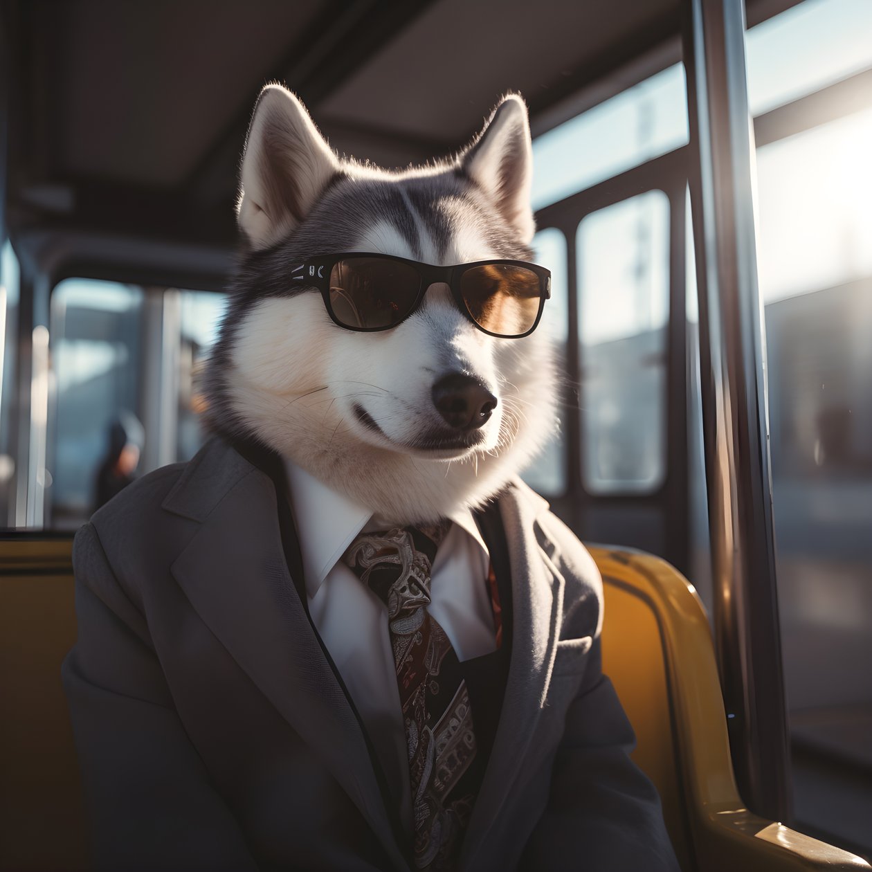 Siperianhusky-koira puvussa ja aurinkolaseissa linja-autoasemalla, kuin herrasmies 3 tekijältä Kurt Heppke