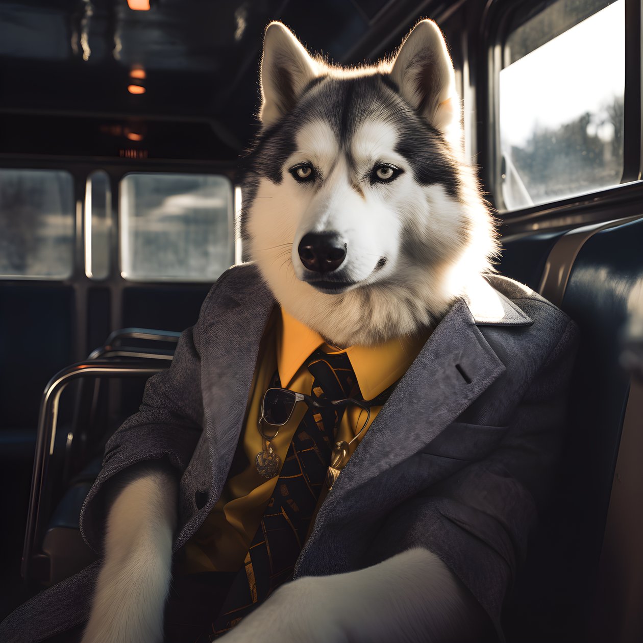 Siperianhusky-koira puvussa ja aurinkolaseissa linja-autoasemalla, kuin herrasmies 4 tekijältä Kurt Heppke