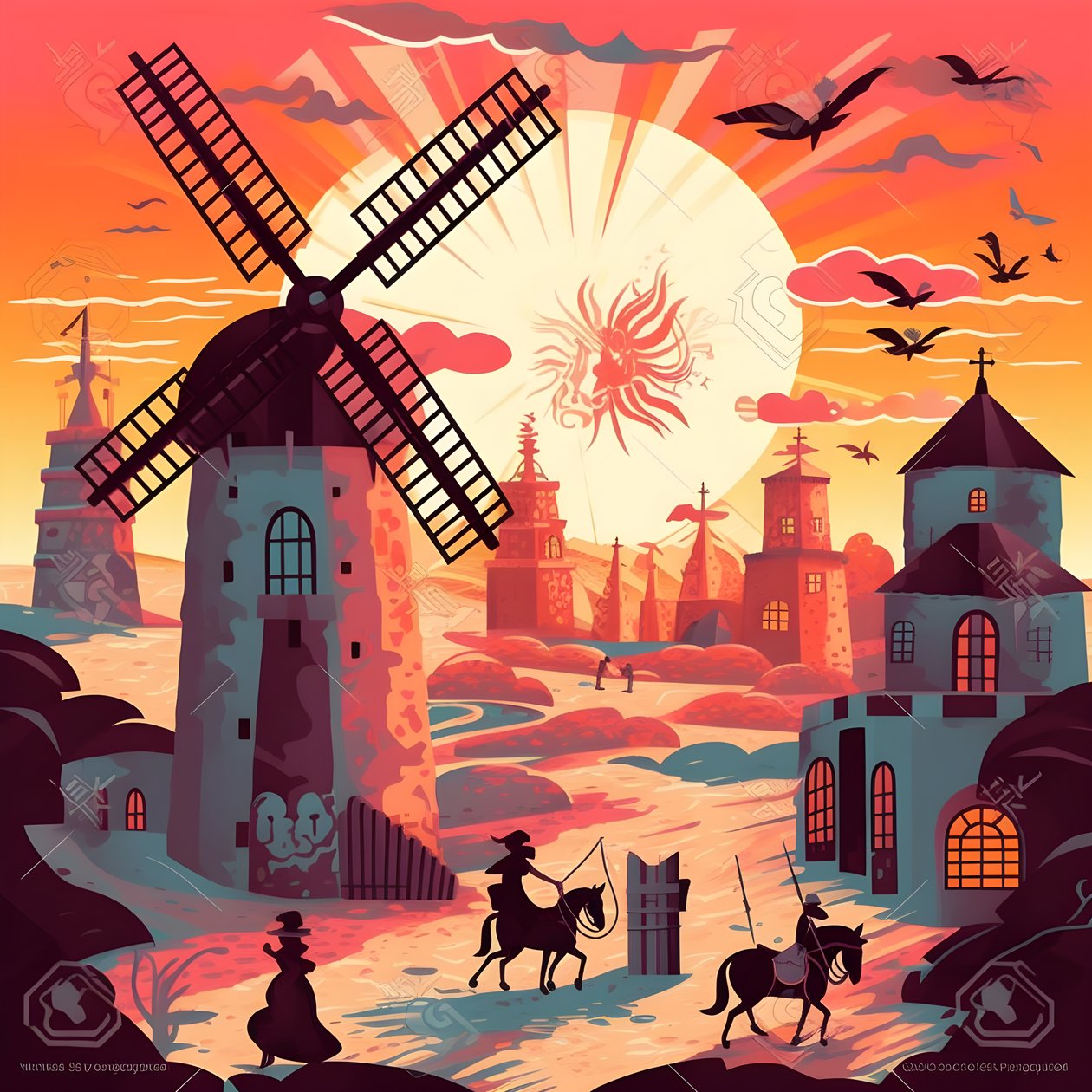 Tausta Don Quijote äärioikealla aasillaan, joka on niin pieni kuin varjo, tuulimyllyjen edessä, sopiva tausta 2 tekijältä Kurt Heppke