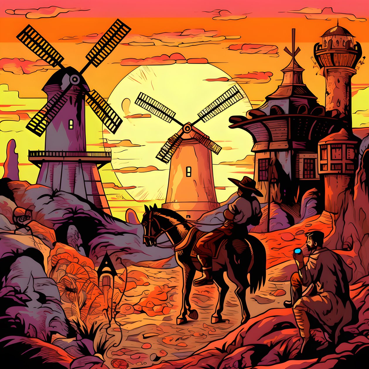 Tausta Don Quijote äärioikealla aasillaan kuin varjo, tuulimyllyjen edessä, sopiva tausta 3 tekijältä Kurt Heppke