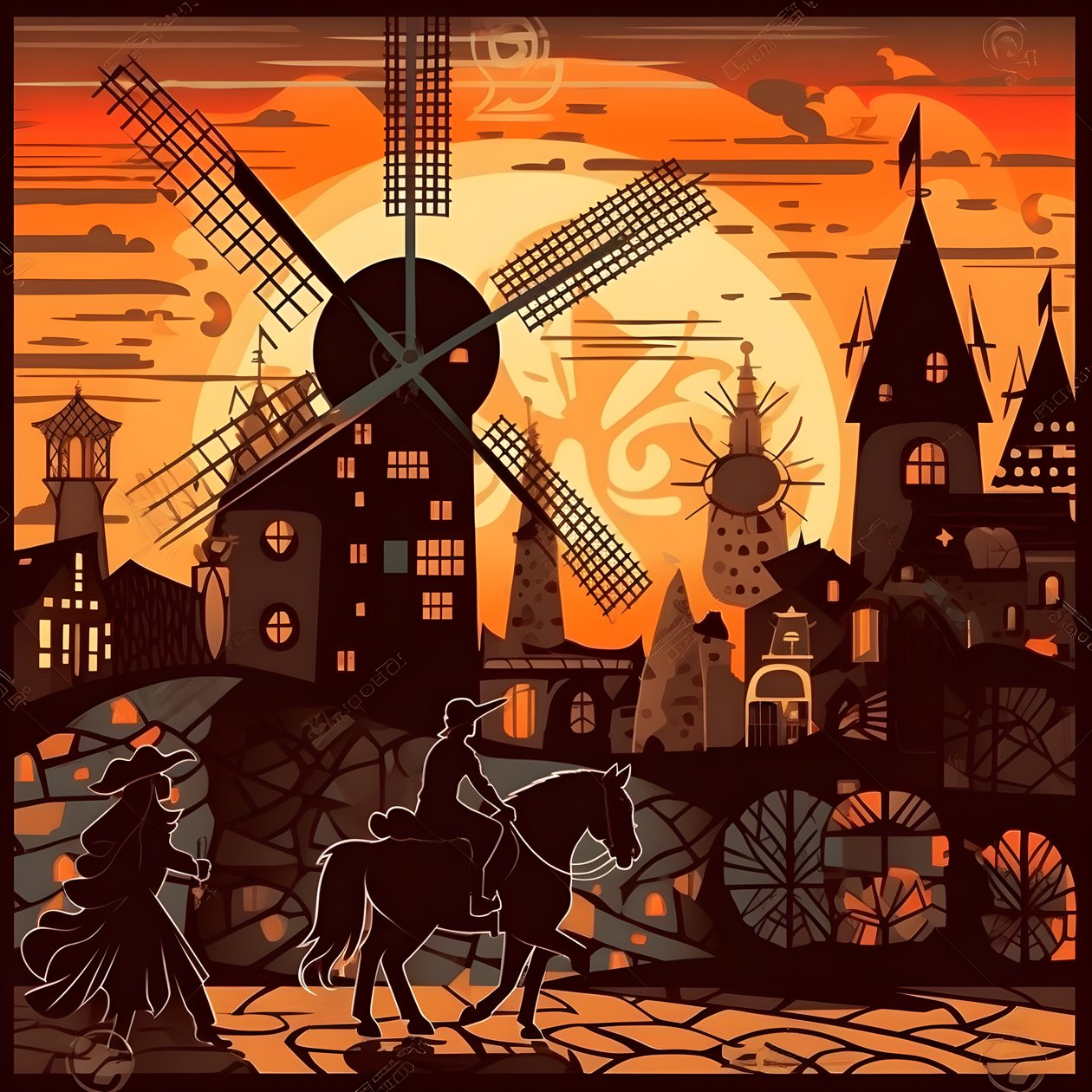 Tausta Don Quijote äärioikealla aasillaan kuin varjo, tuulimyllyjen edessä, sopiva tausta 4 tekijältä Kurt Heppke