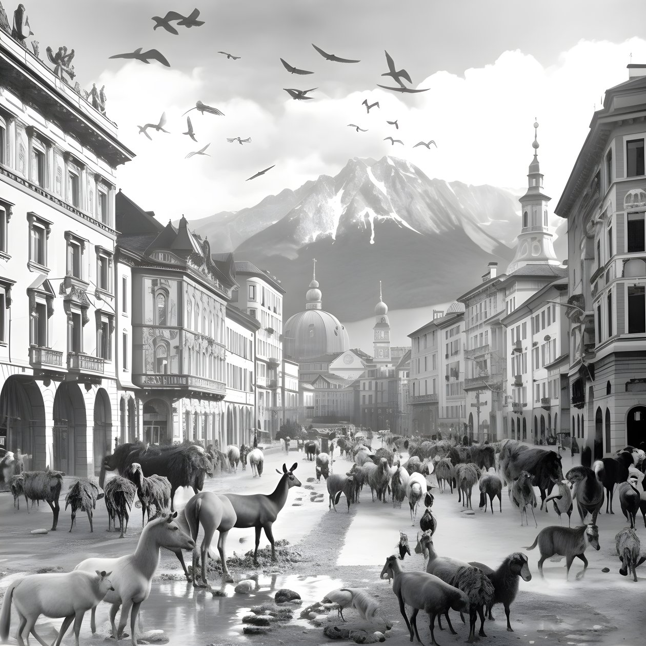 Innsbruck vanhassa valokuvassa tyylikkäillä seeproilla, lokkeilla, apinoilla ja savihahmoilla. 2 tekijältä Kurt Heppke