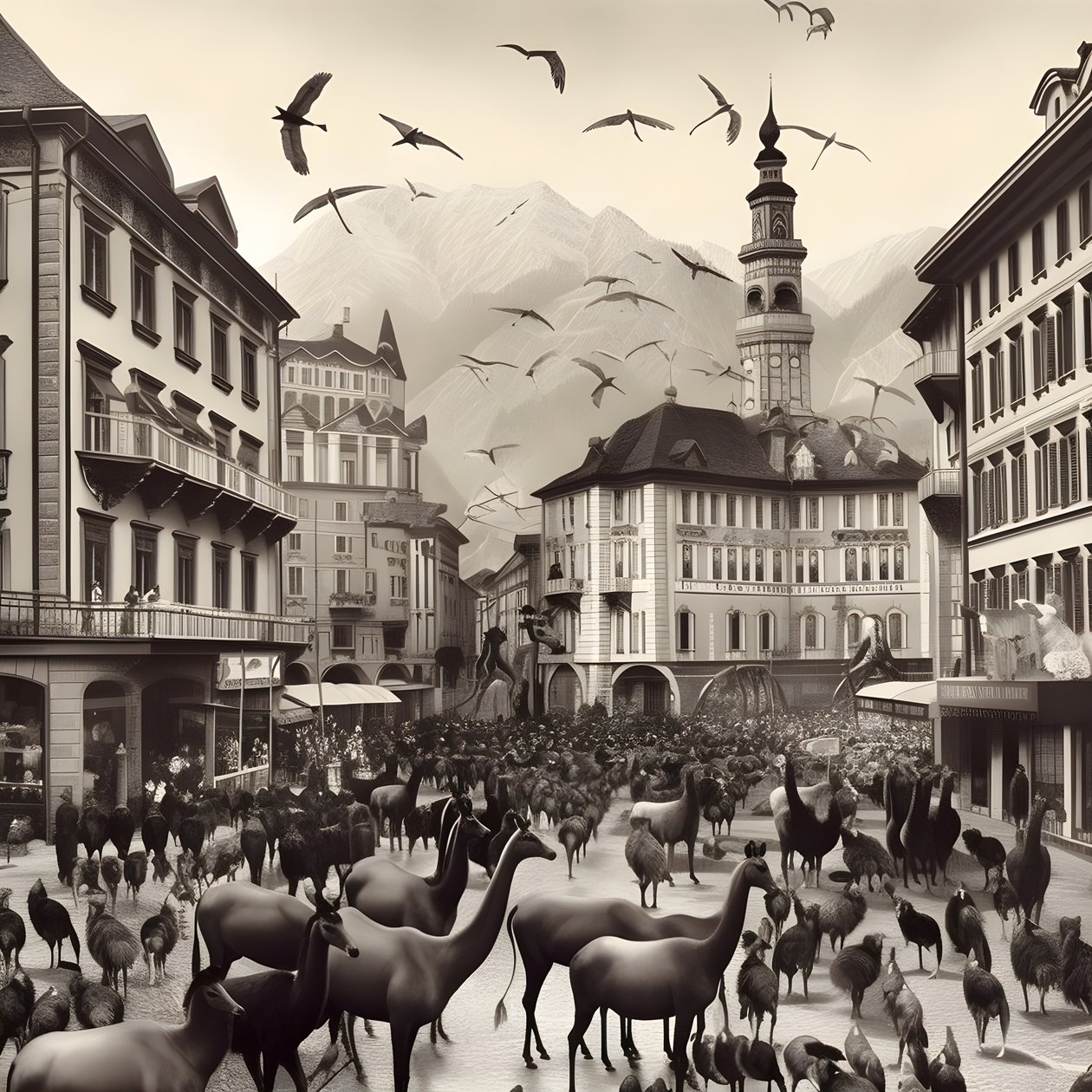 Innsbruck vanhassa valokuvassa tyylikkäillä seeproilla, lokkeilla, apinoilla ja savihahmoilla. 4 tekijältä Kurt Heppke