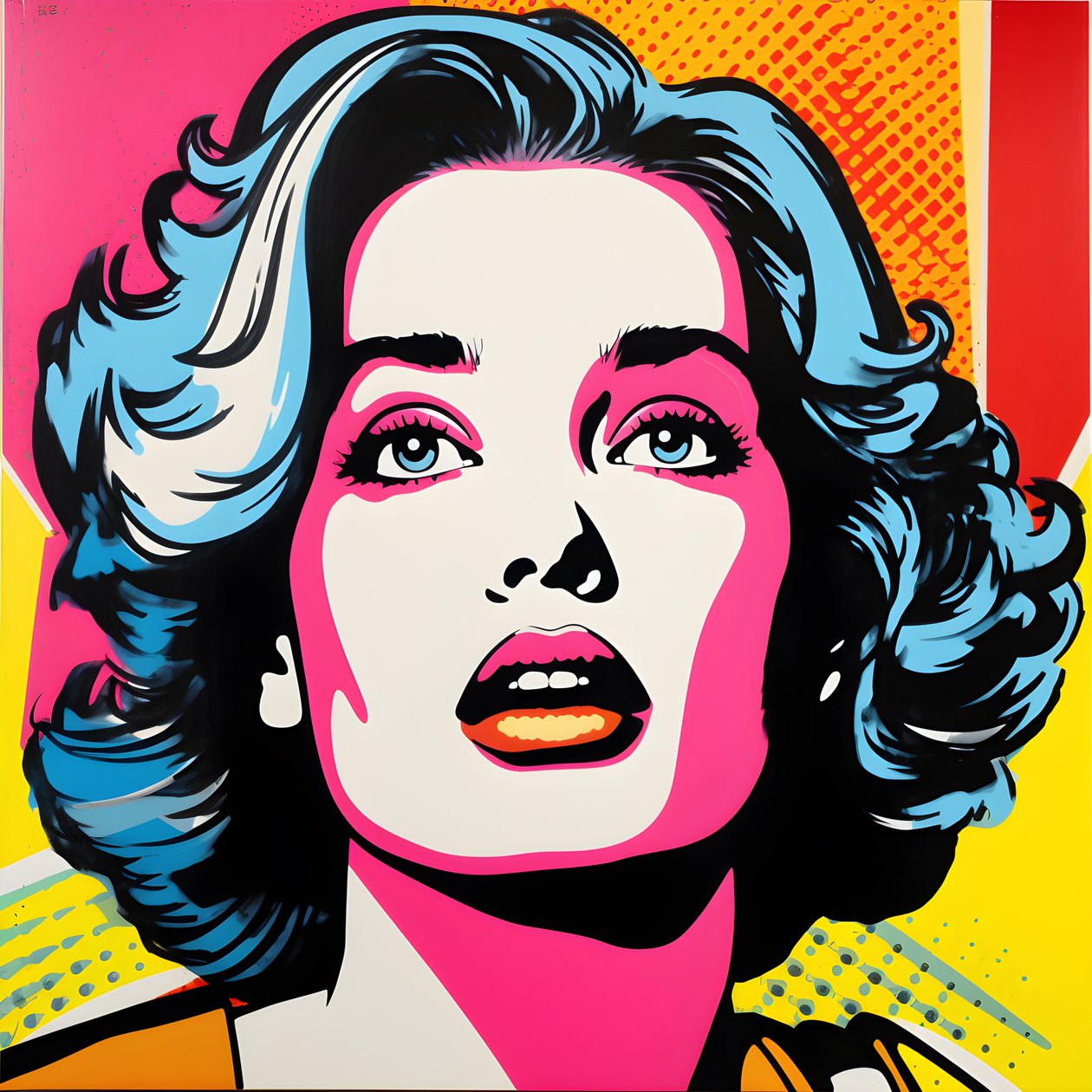 Pop Art muotokuva, puolivartalo, Värikäs, graafinen, Aamu, tyyliin Andy Warhol, Roy Lichtenstein, Robert Rauschenberg, Jasper Johns, Keith Haring 4 tekijältä Kurt Heppke
