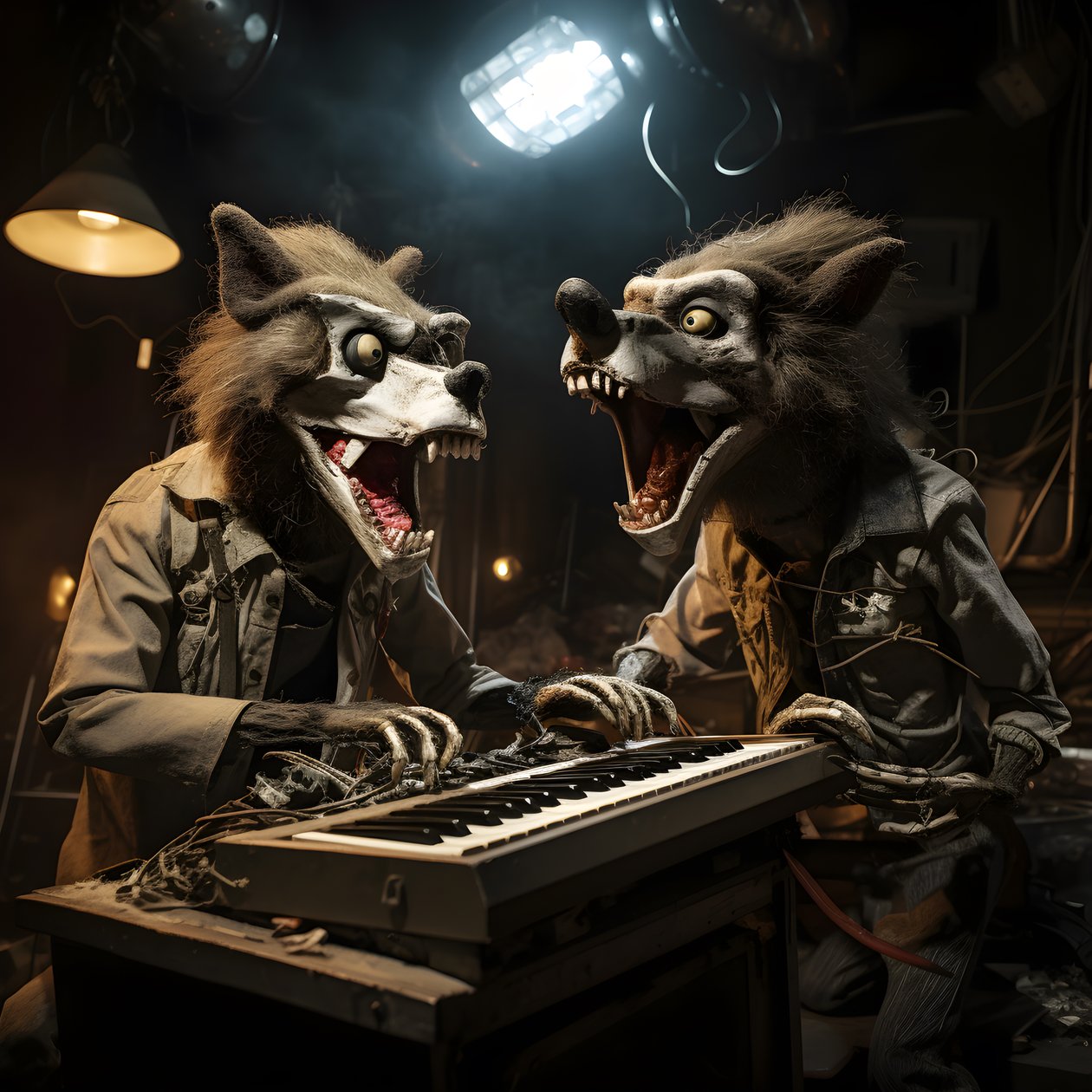 kammottava, karvainen, rikkinäinen eläinanimatroniikka, joka esittää musiikkia lavalla 1 tekijältä Kurt Heppke