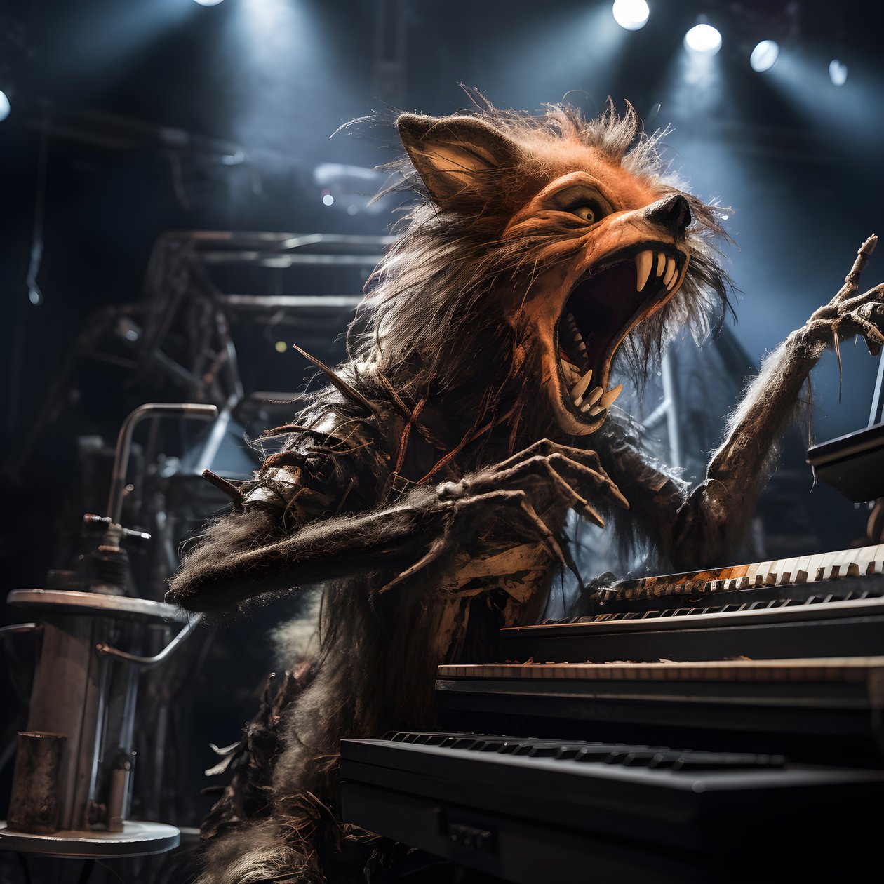 kammottava, karvainen, rikkinäinen eläinanimatroniikka, joka esittää musiikkia lavalla 2 tekijältä Kurt Heppke