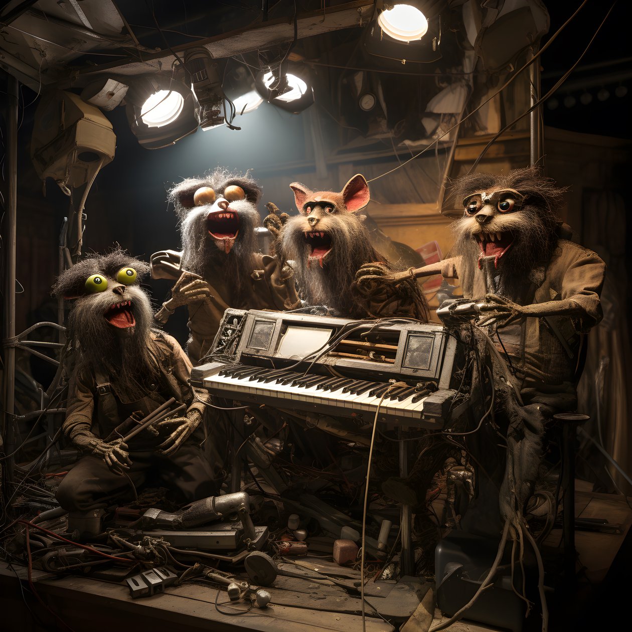 kammottava, karvainen, rikkinäinen eläinanimatroniikka, joka esittää musiikkia lavalla 4 tekijältä Kurt Heppke