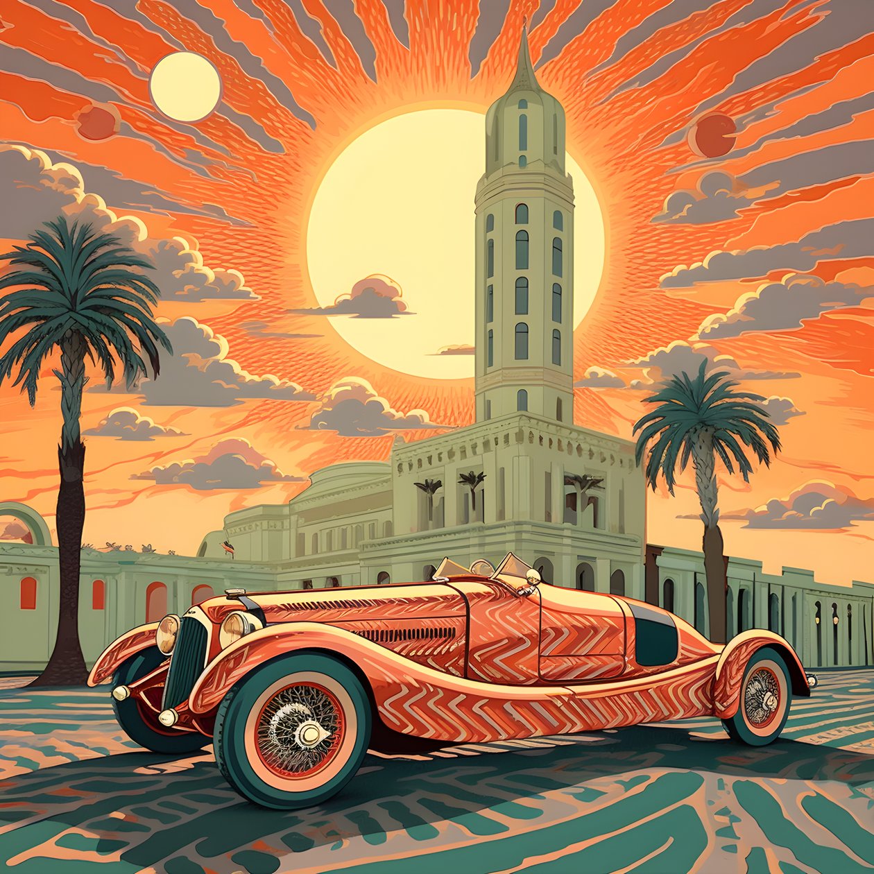 kaunis, elegantti, minimalistinen, tikattu mestariteos Shepard Faireyn taiteelliseen tyyliin::1, joka muistelee vuoden 1940 Monacon Grand Prix -kilpailua, historiallisia kilpa-autoja kilpailemassa keskenään. 2 tekijältä Kurt Heppke