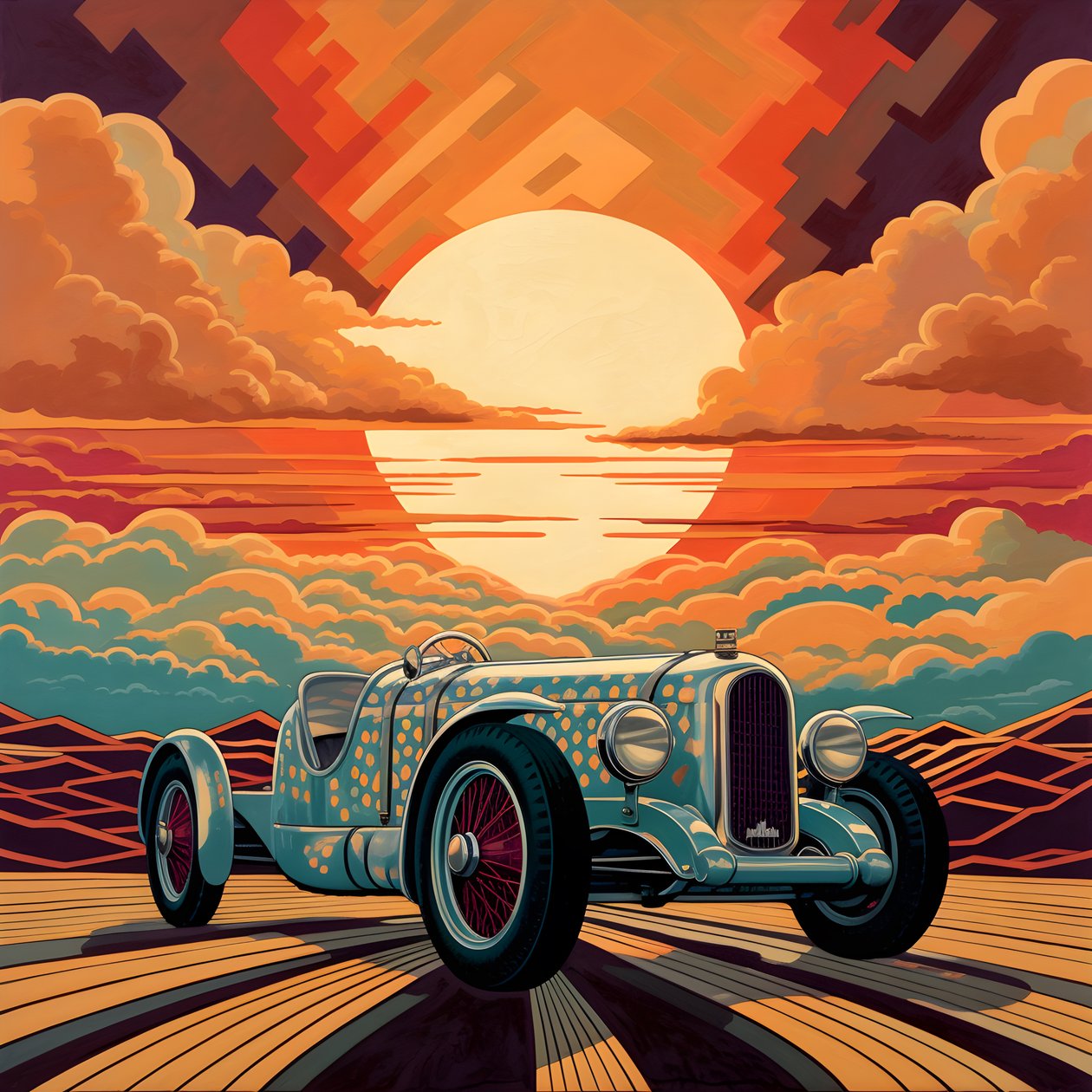 kaunis, elegantti, minimalistinen, tikattu mestariteos Shepard Faireyn taiteelliseen tyyliin::1, joka muistelee vuoden 1940 Monacon Grand Prix -kilpailua, historiallisia kilpa-autoja kilpailemassa keskenään. 3 tekijältä Kurt Heppke