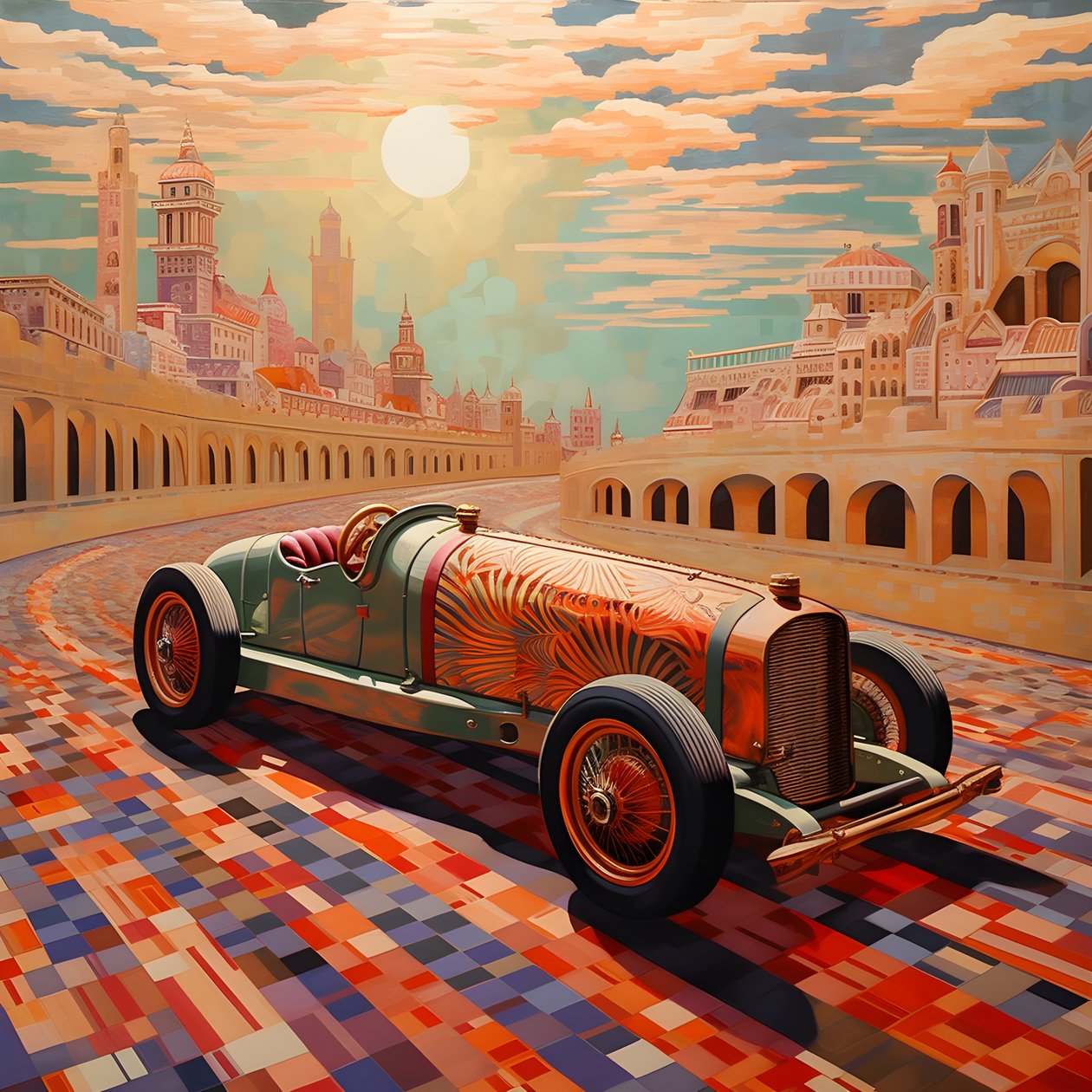 kaunis, elegantti, minimalistinen, tikattu mestariteos Shepard Faireyn taiteelliseen tyyliin::1, joka muistelee vuoden 1940 Monacon Grand Prix -kilpailua, historiallisia kilpa-autoja kilpailemassa keskenään. 4 tekijältä Kurt Heppke