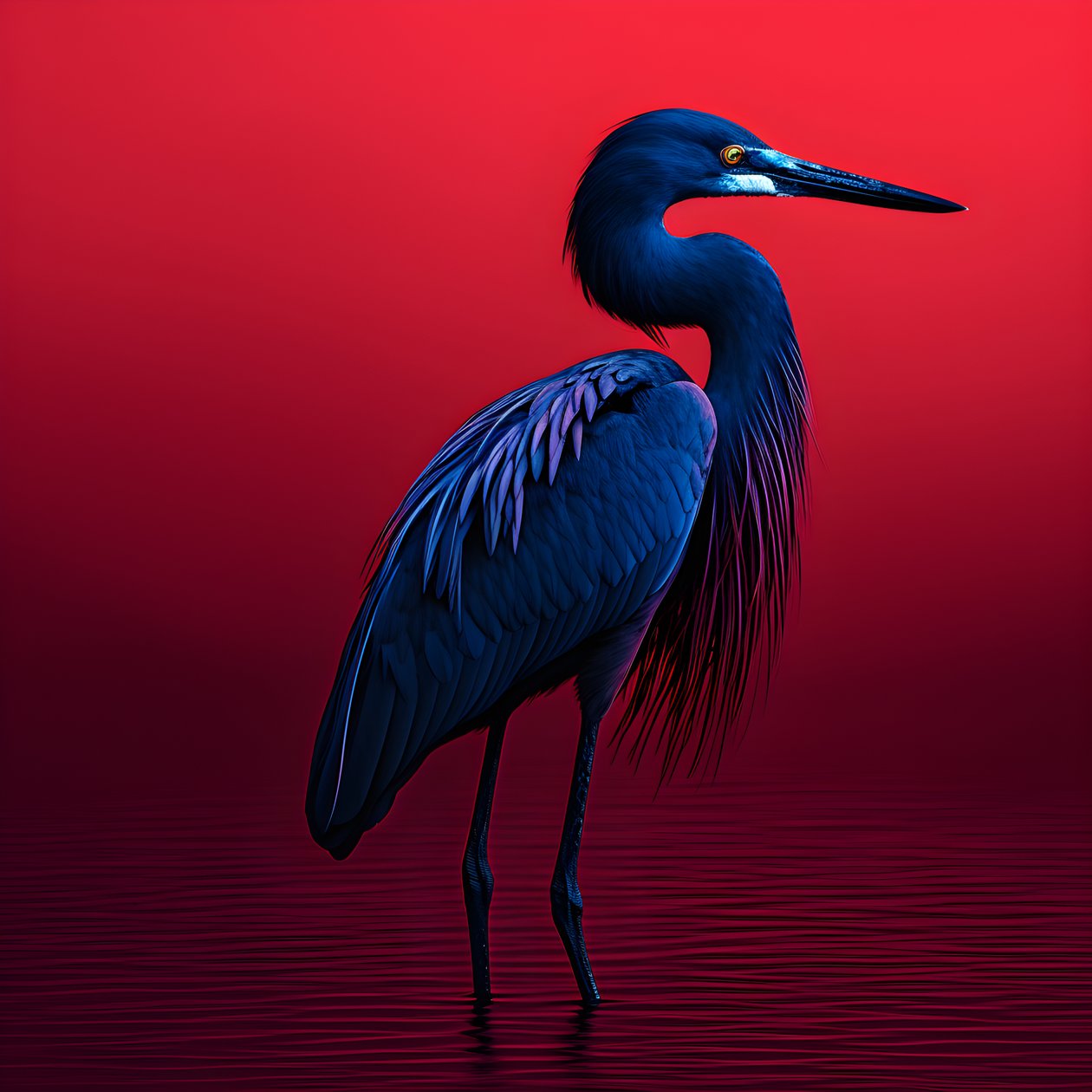 synthwave digitaalinen taideteos eksoottisesta koboltinsinisestä jalohaikarasta punaisella paperilla 3 tekijältä Kurt Heppke