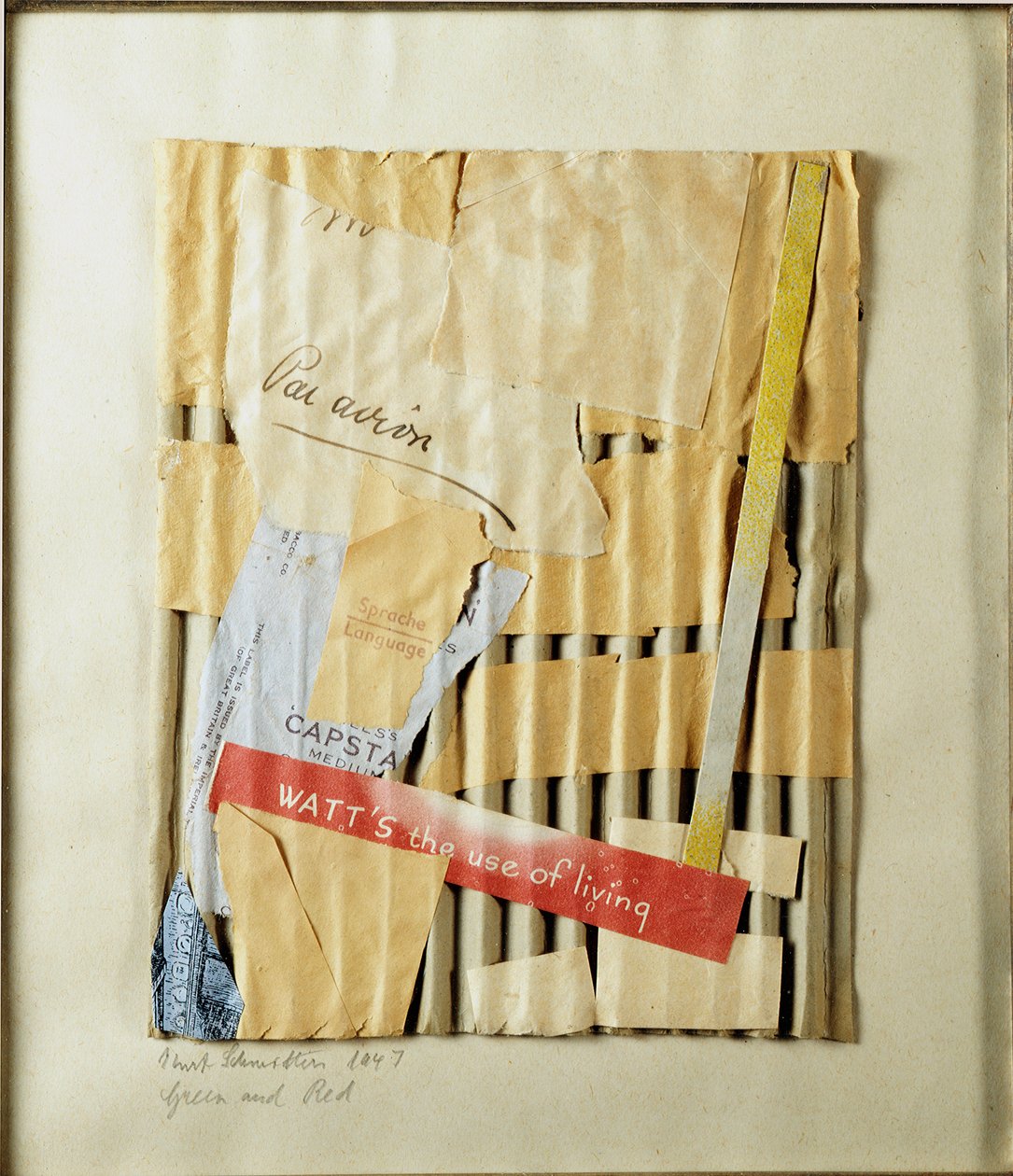 Kurt Schwittersin (1887-1948) vihreä ja punainen (Green and Red) kollaasi 1947 Yksityinen kokoelma tekijältä Kurt Schwitters