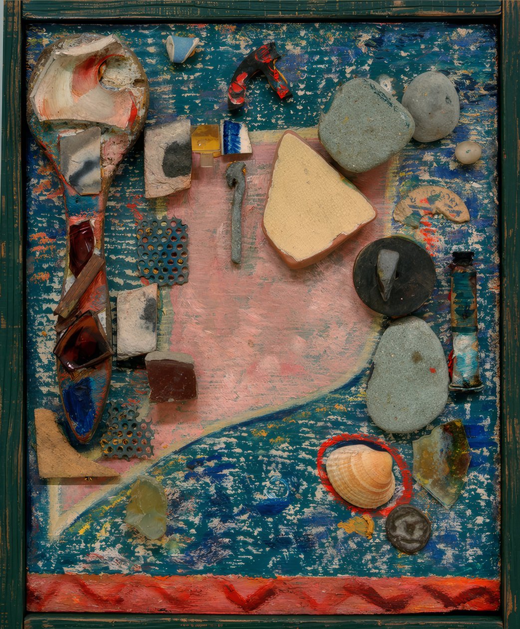 Pieni Merz-kuva, jossa on monia osia tekijältä Kurt Schwitters