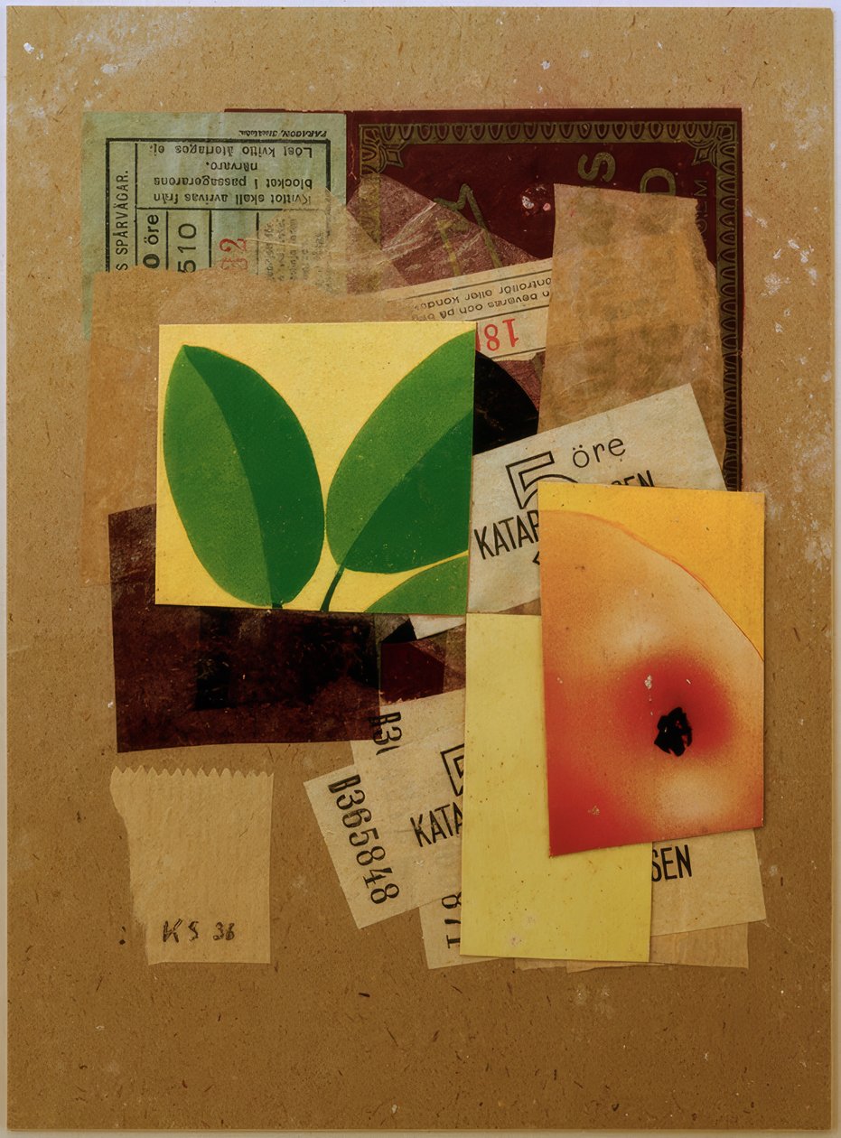 Nimetön (Omenapalalla ja vihreillä lehdillä) tekijältä Kurt Schwitters