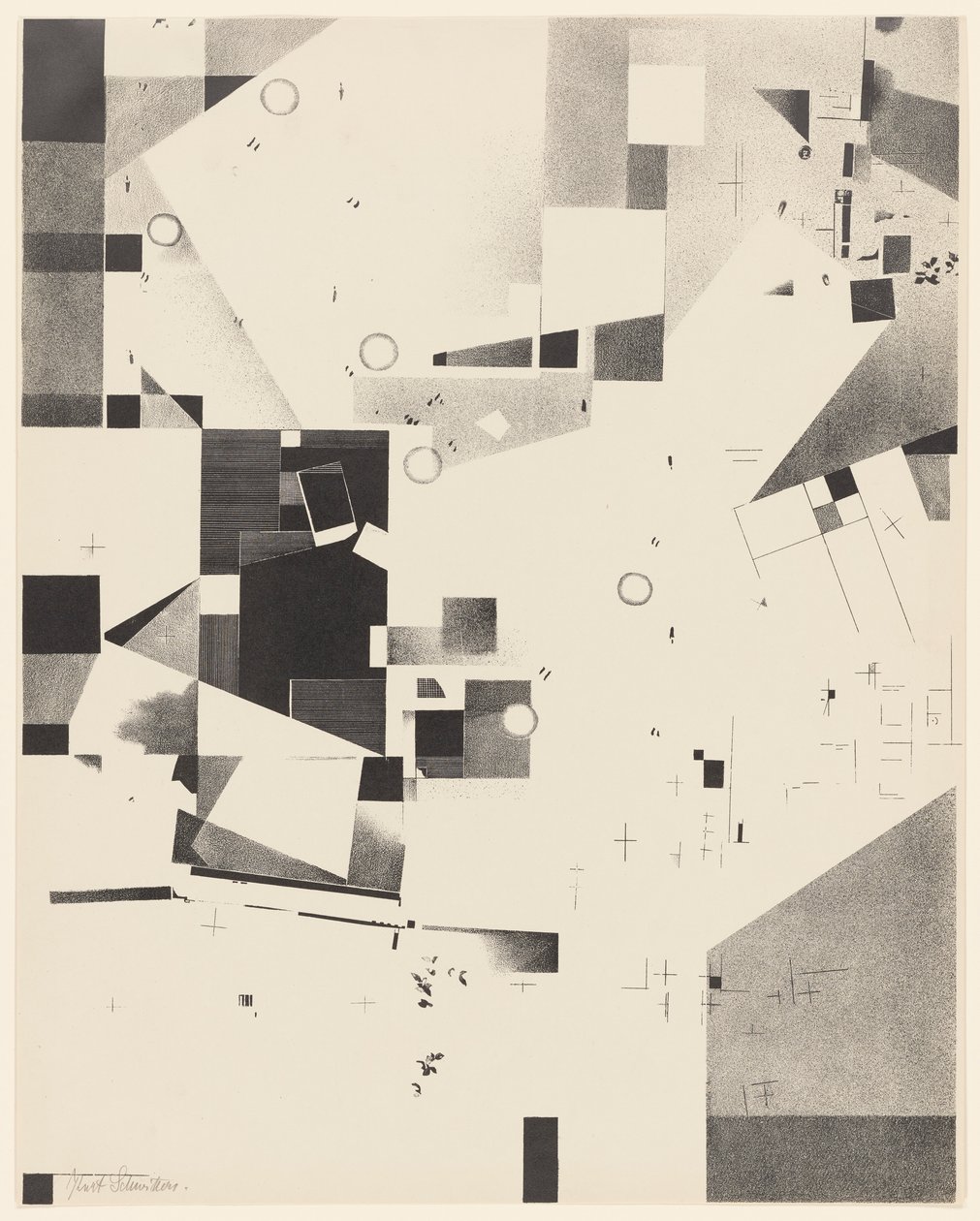 Nimetön, nro 1/6 portfoliosta Merz 3. Kurt Schwitters 6 litografiaa. Merz-kansio. Merz-kustannusyhtiön ensimmäinen portfolio (Merz 3. Kurt Schwitters 6 lithos. Merz Portfolio. Merz-kustantajan ensimmäinen portfolio) tekijältä Kurt Schwitters