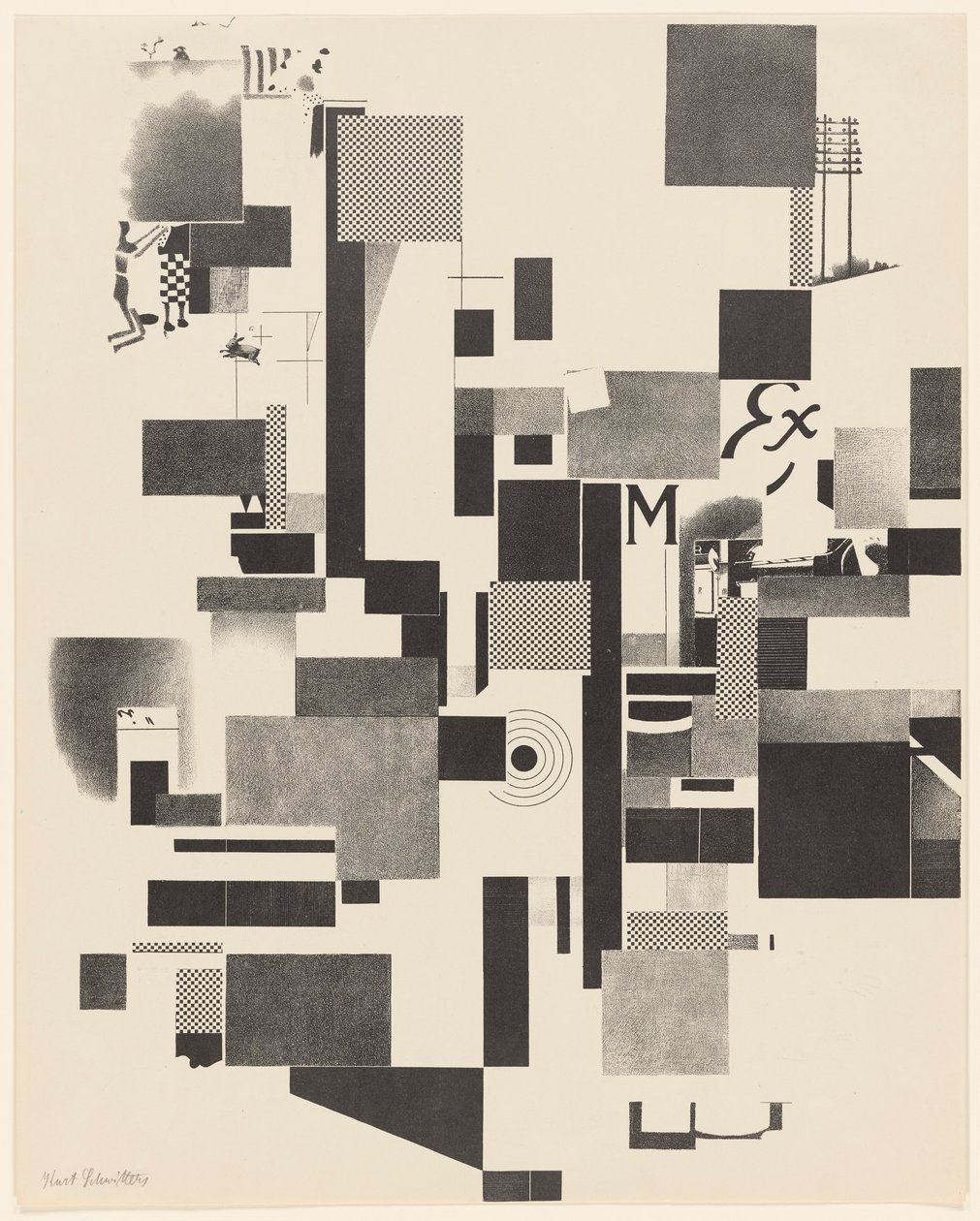 Nimetön, nro 2/6 portfoliosta Merz 3. Kurt Schwitters 6 litografiaa. Merz-kansio. Merz-kustannusyhtiön ensimmäinen portfolio (Merz 3. Kurt Schwitters 6 lithos. Merz Portfolio. Merz-kustantajan ensimmäinen portfolio) tekijältä Kurt Schwitters