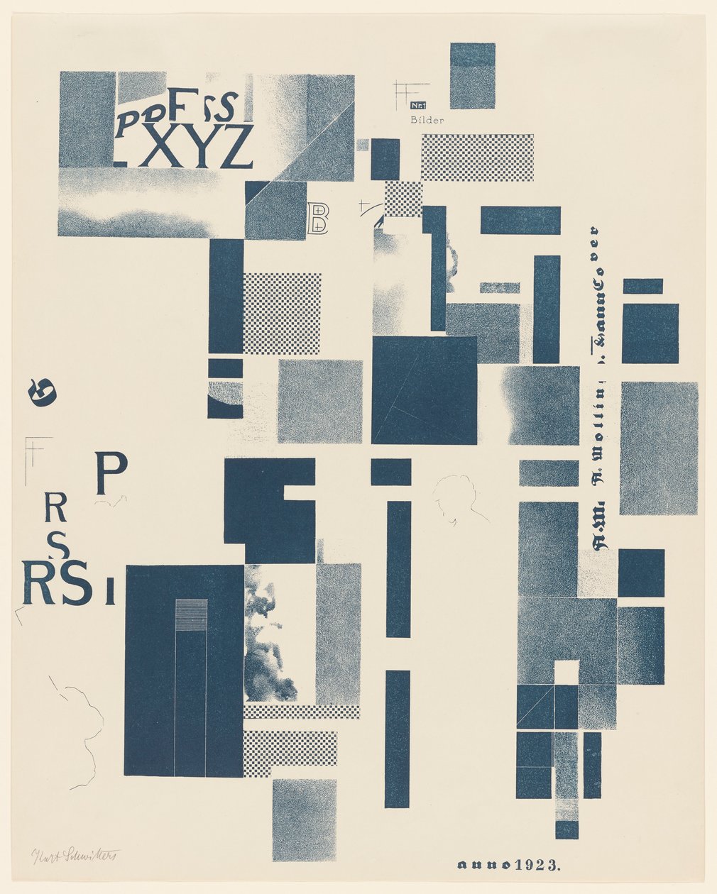 Nimetön, nro 3/6 portfoliosta Merz 3. Kurt Schwitters 6 litografiaa. Merz-kansio. Merz-kustannusyhtiön ensimmäinen portfolio (Merz 3. Kurt Schwitters 6 lithos. Merz Portfolio. Merz-kustantajan ensimmäinen portfolio) tekijältä Kurt Schwitters