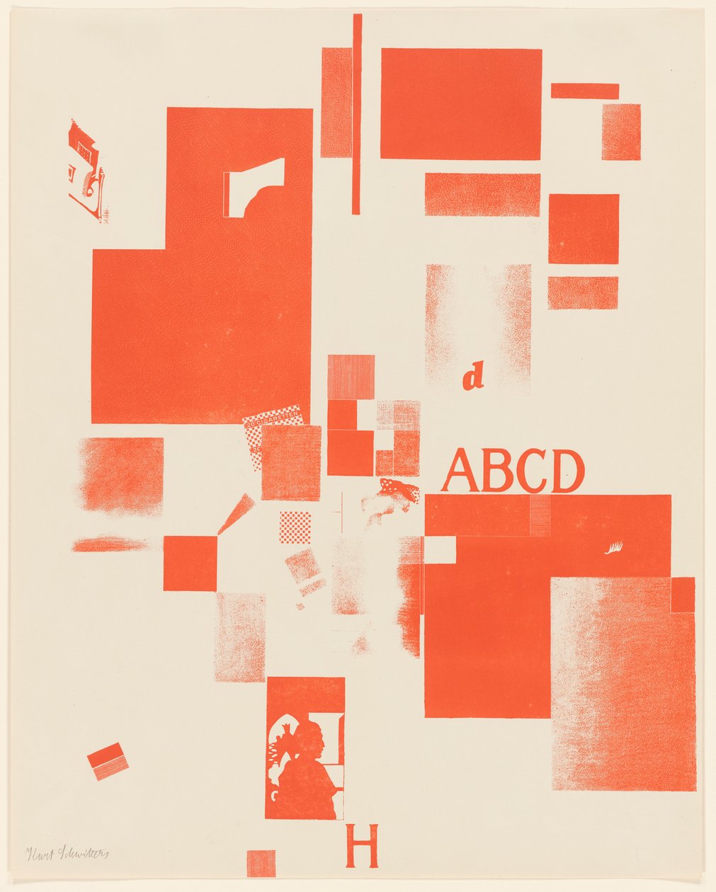 Nimetön, nro 4/6 portfoliosta Merz 3. Kurt Schwitters 6 litografiaa. Merz-kansio. Merz-kustantamon ensimmäinen portfolio (Merz 3. Kurt Schwitters 6 lithos. Merz Portfolio. Merz-kustantajan ensimmäinen portfolio) tekijältä Kurt Schwitters