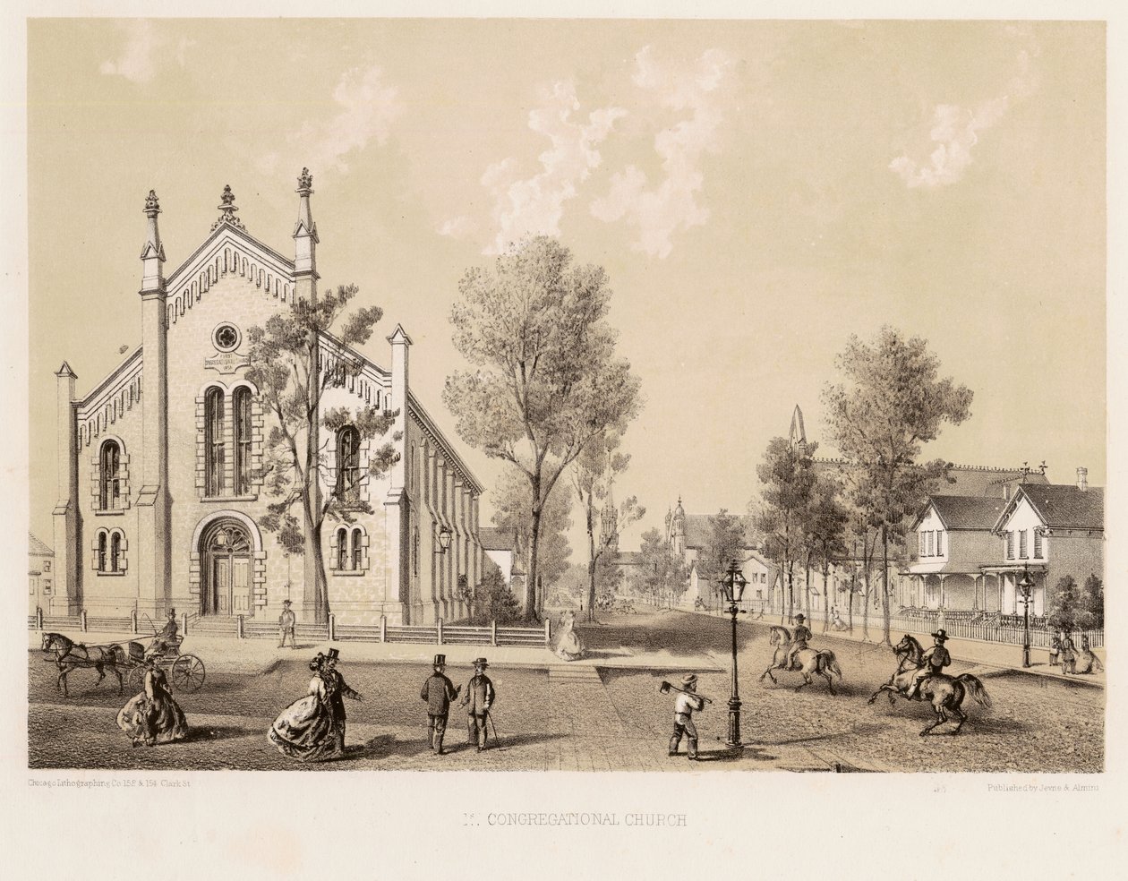 Ensimmäinen seurakuntakirkko, Chicago, n. 1867 tekijältä Kurz and Allison