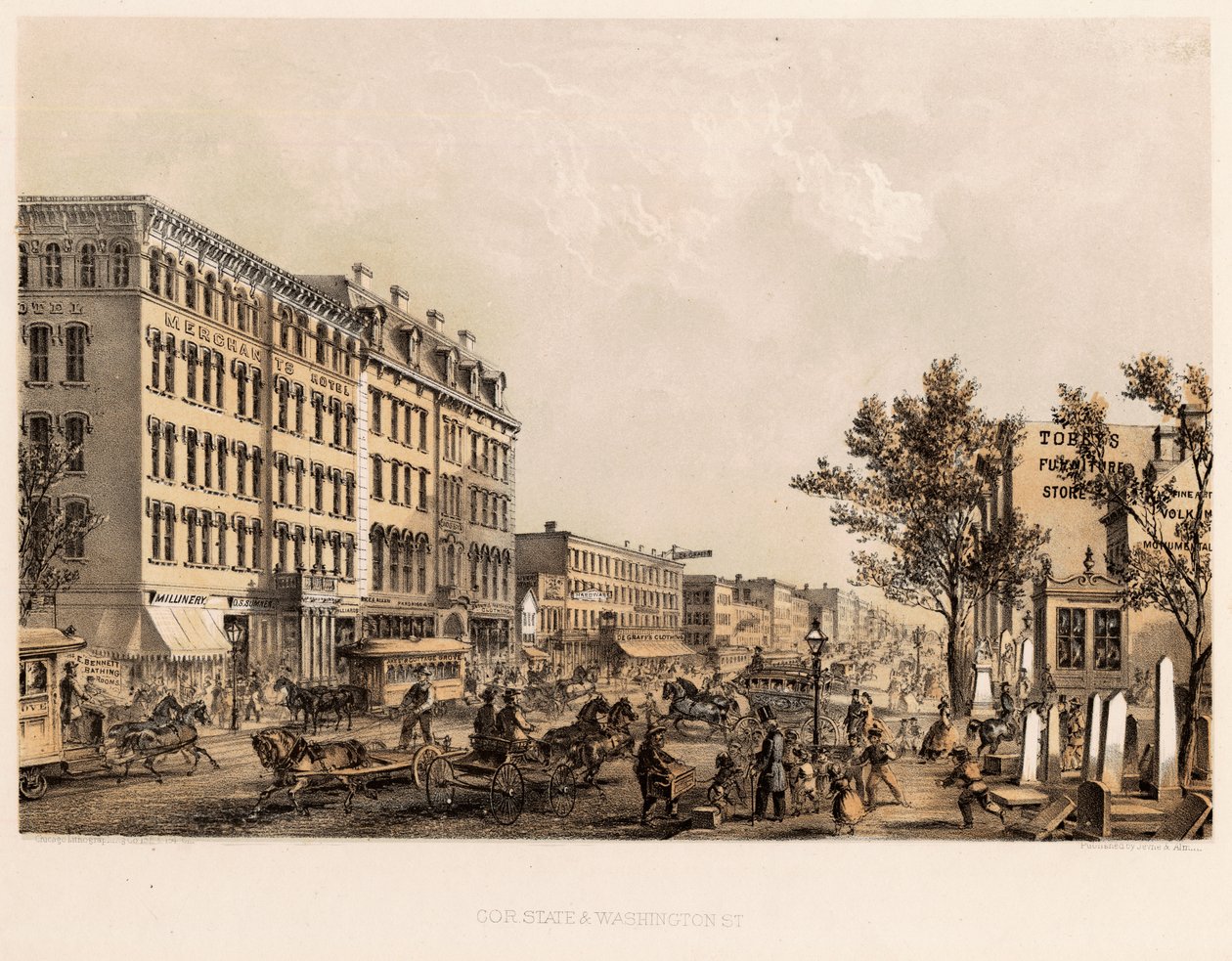 State and Washington Streetsin kulma, Chicago, n. 1867 tekijältä Kurz and Allison