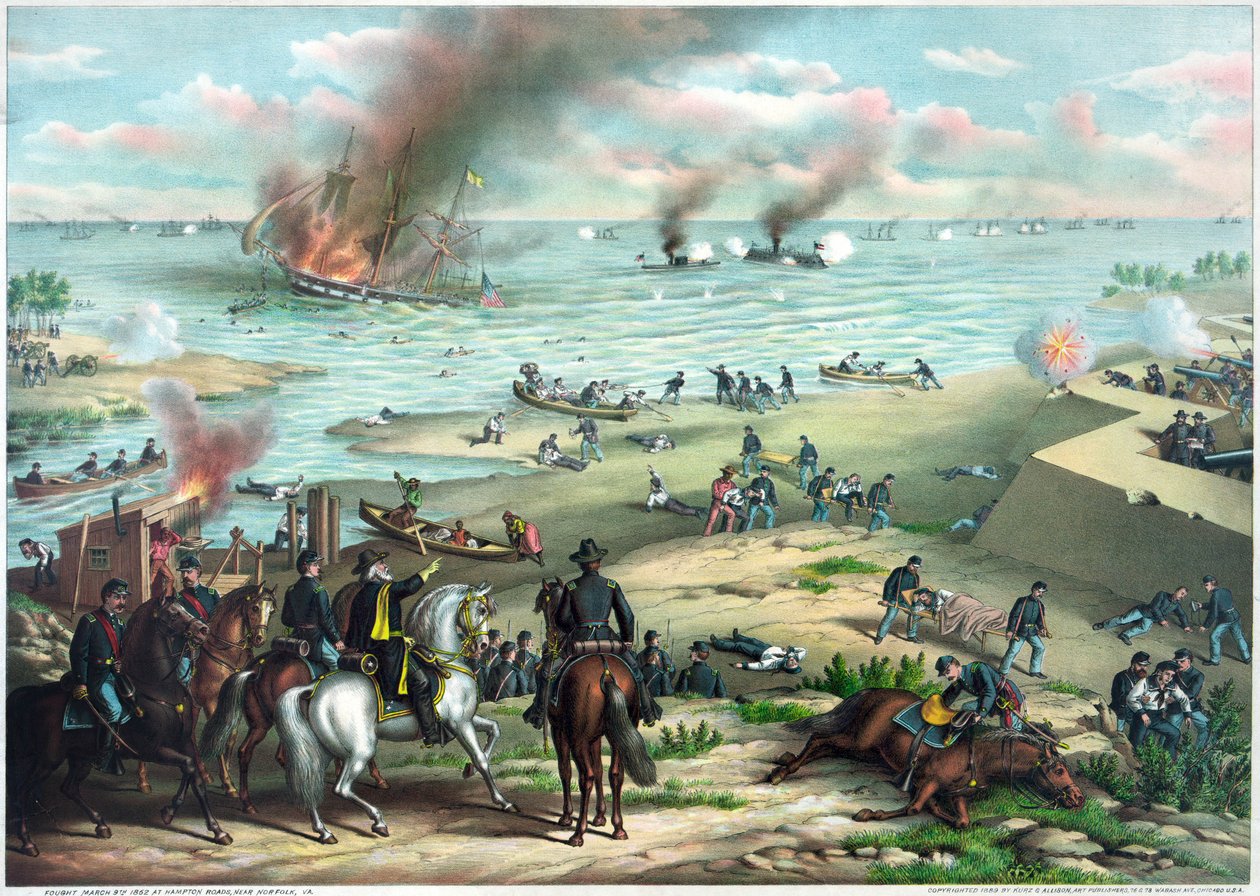 Yhdysvaltain sisällissota (1861-1865): Hampton Roadsin taistelu maaliskuu 8-9 tekijältä Kurz and Allison