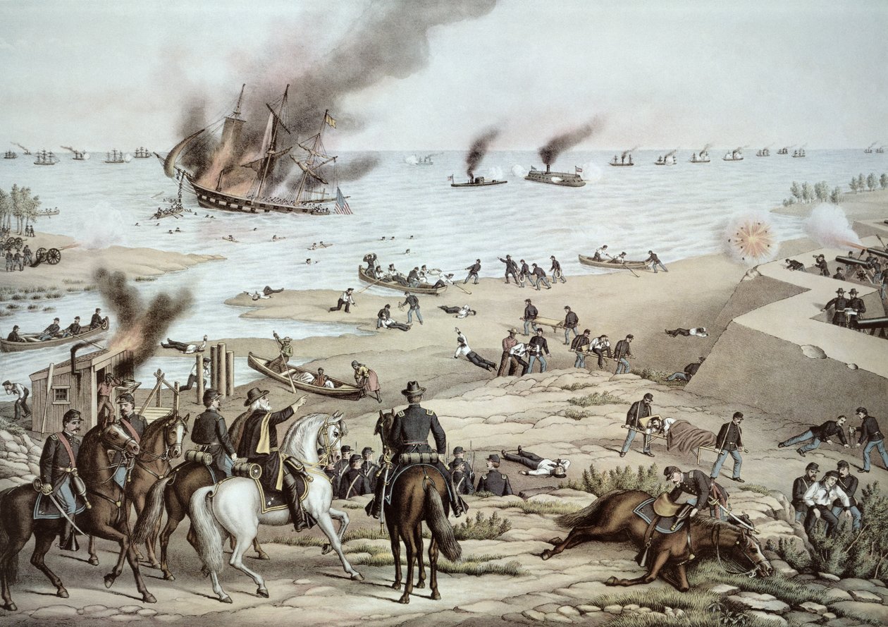 USS "Monitor" taistelee CSS "Merrimackia" vastaan Hampton Broadsin taistelussa Yhdysvaltain sisällissodan aikana, 9. maaliskuuta 1862 (värilitho) tekijältä Kurz and Allison