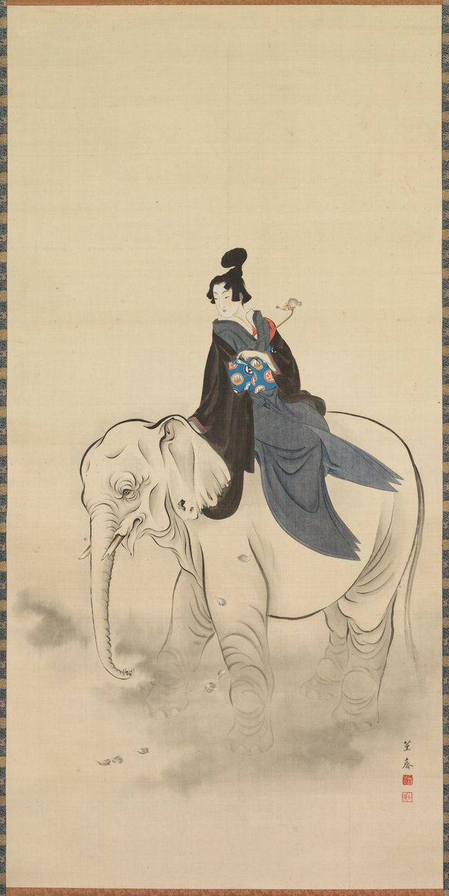 Kurtisaani ratsastaa norsulla Bodhisattva Fugenin parodia, 1800-luku. tekijältä Kuwagata Keisai