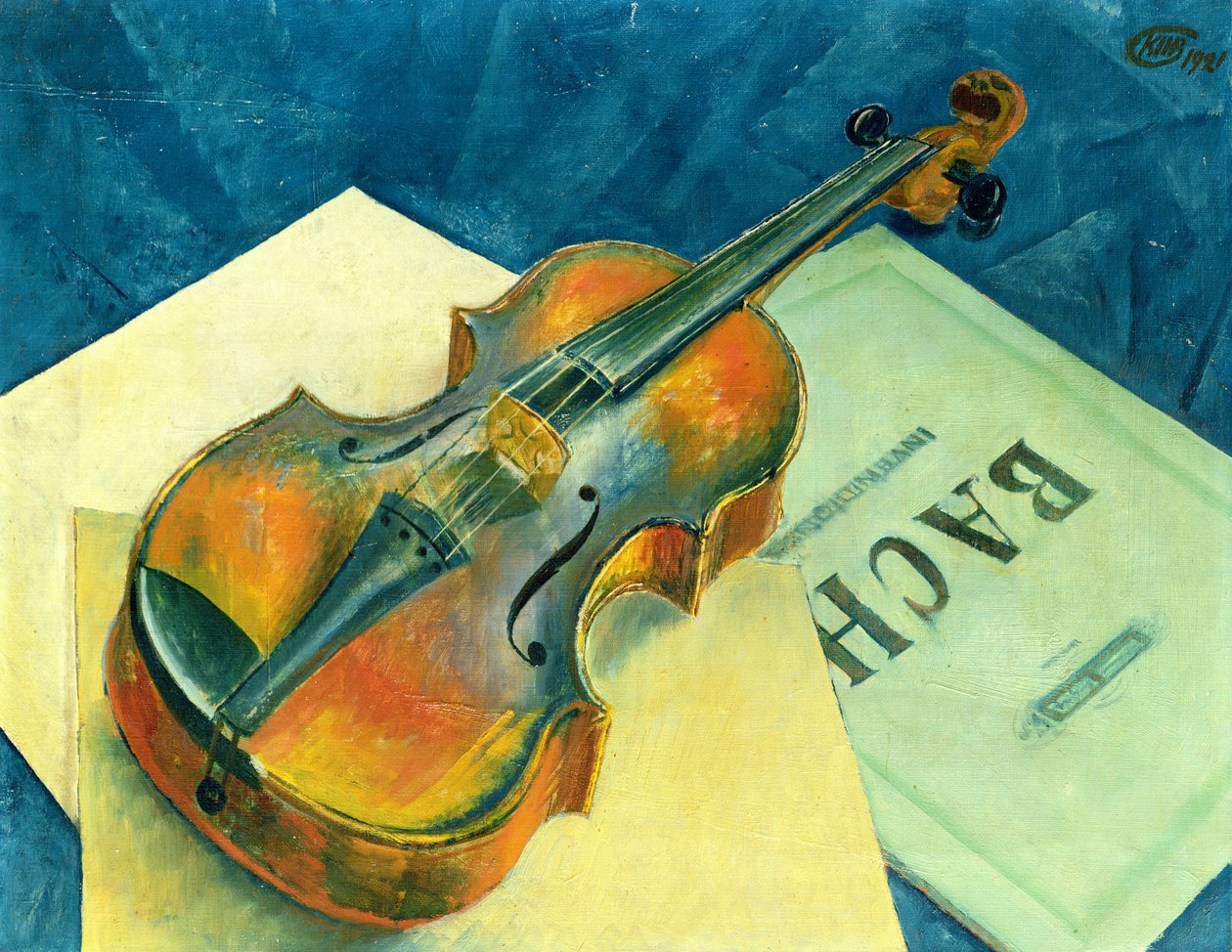 Asetelma viulun kanssa, 1921 tekijältä Kuzma Sergeevich Petrov Vodkin