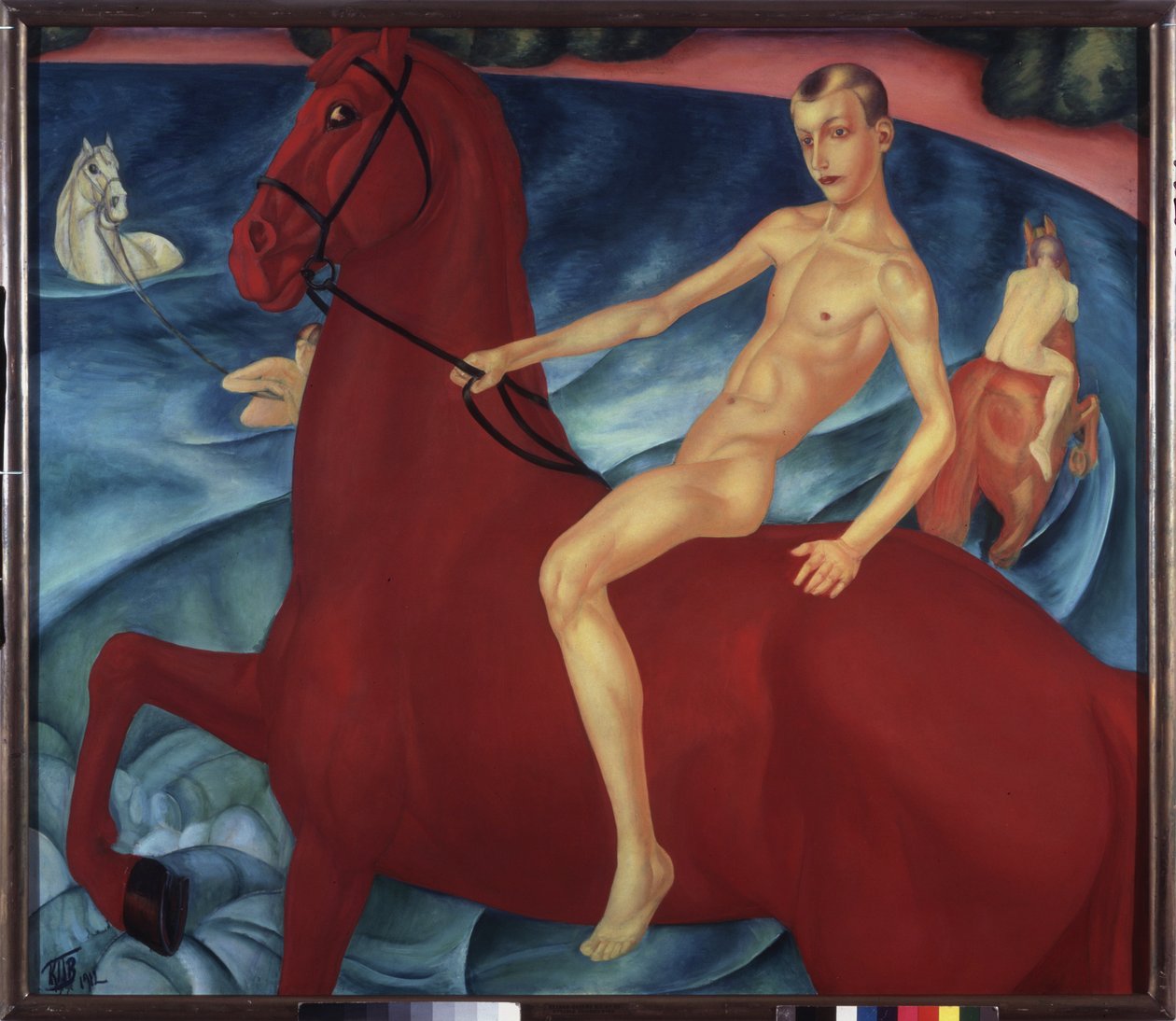 Punaisen hevosen uiminen. Kuzma Sergeevich Petrov Vodkin (Petrov-Vodkin) (Kouzma Petrov Vodkin) (Petrov-Vodkin) (1878-1939), öljy kankaalle tekijältä Kuzma Sergeevich Petrov Vodkin