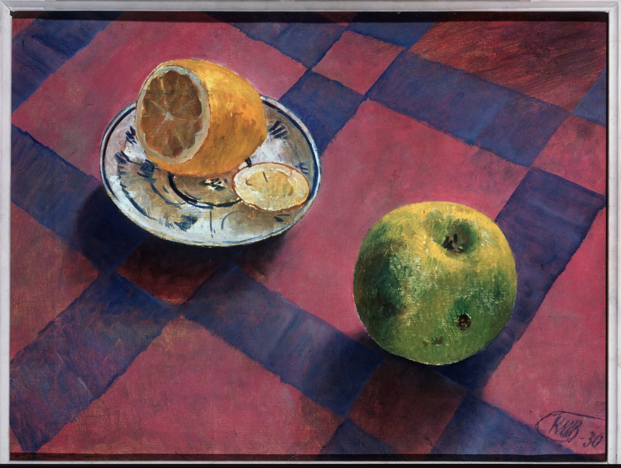 Omena ja sitruuna. (omena ja sitruuna). Kuzma Sergeevich Petrov Vodkin (Petrov-Vodkin) (Kouzma Petrov Vodkin) (Petrov-Vodkin) (1878-1939), öljy kankaalle tekijältä Kuzma Sergeevich Petrov Vodkin