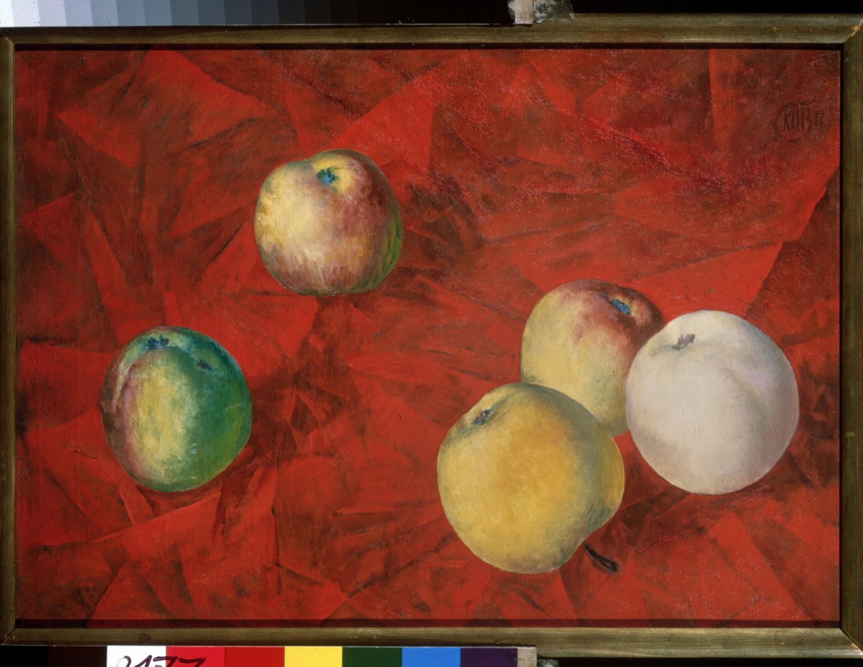 Omenat punaisella pohjalla. (Omenat punaisella taustalla). Kuzma Sergejevitš Petrov Vodkin (Petrov-Vodkin) (Kouzma Petrov Vodkin) (Petrov-Vodkin) (1878-1939), öljy kankaalle tekijältä Kuzma Sergeevich Petrov Vodkin